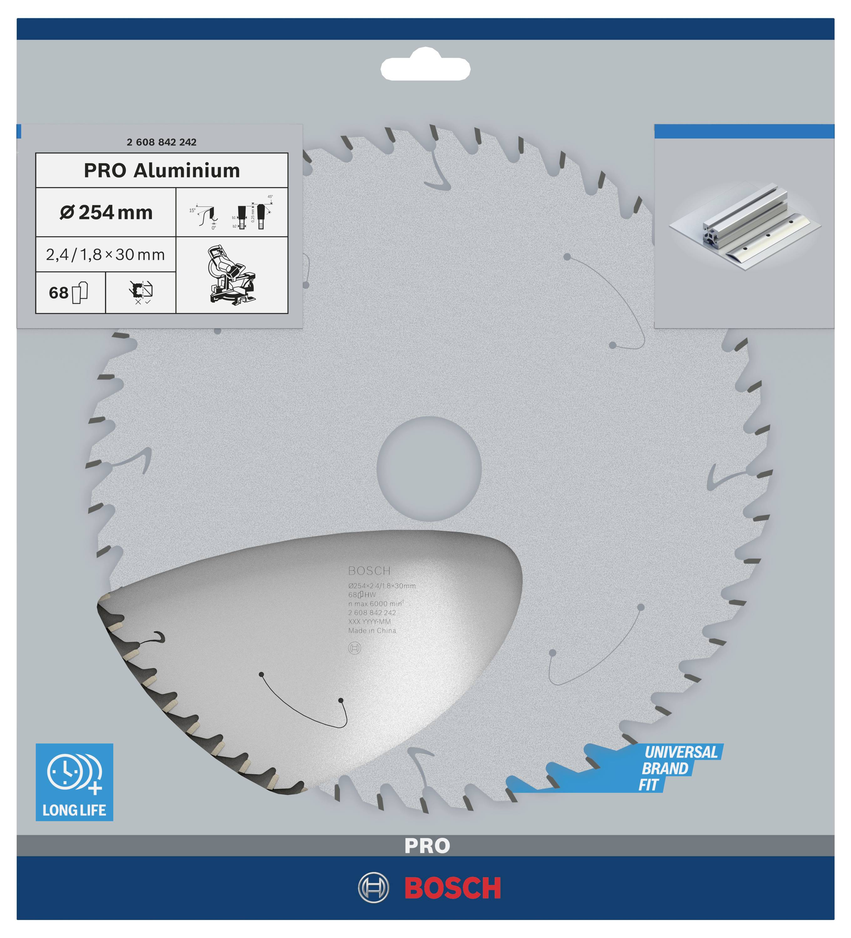 Verpackung eines Sägeblatts mit dem Text 'PRO Aluminium', Durchmesser 254 mm, Detailbild eines Profils, Markenlogo BOSCH.
