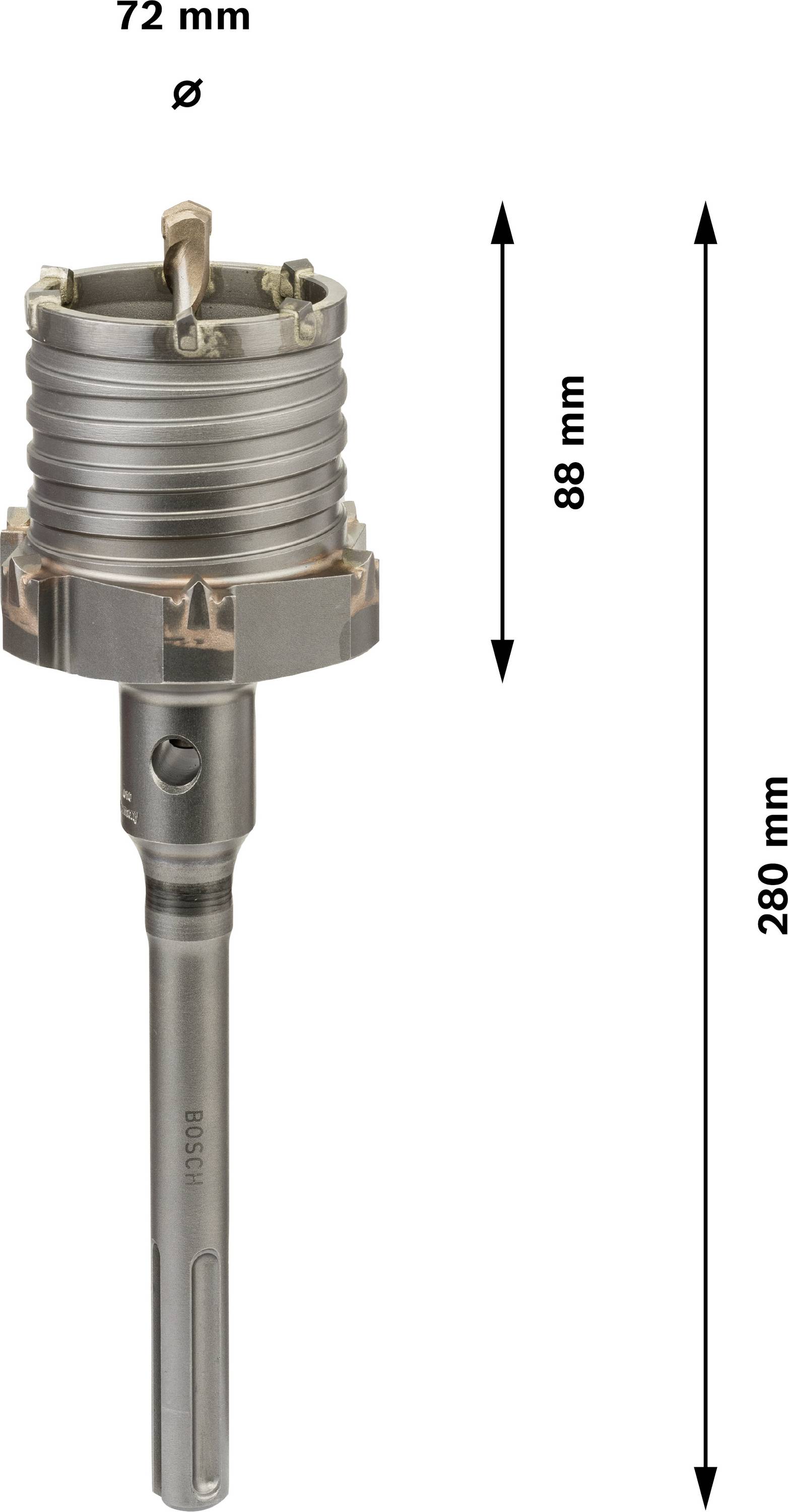 Bohrkrone mit 72 mm Durchmesser und 280 mm Länge, zeigt die technische Spezifikation mit detaillierten Maßen.