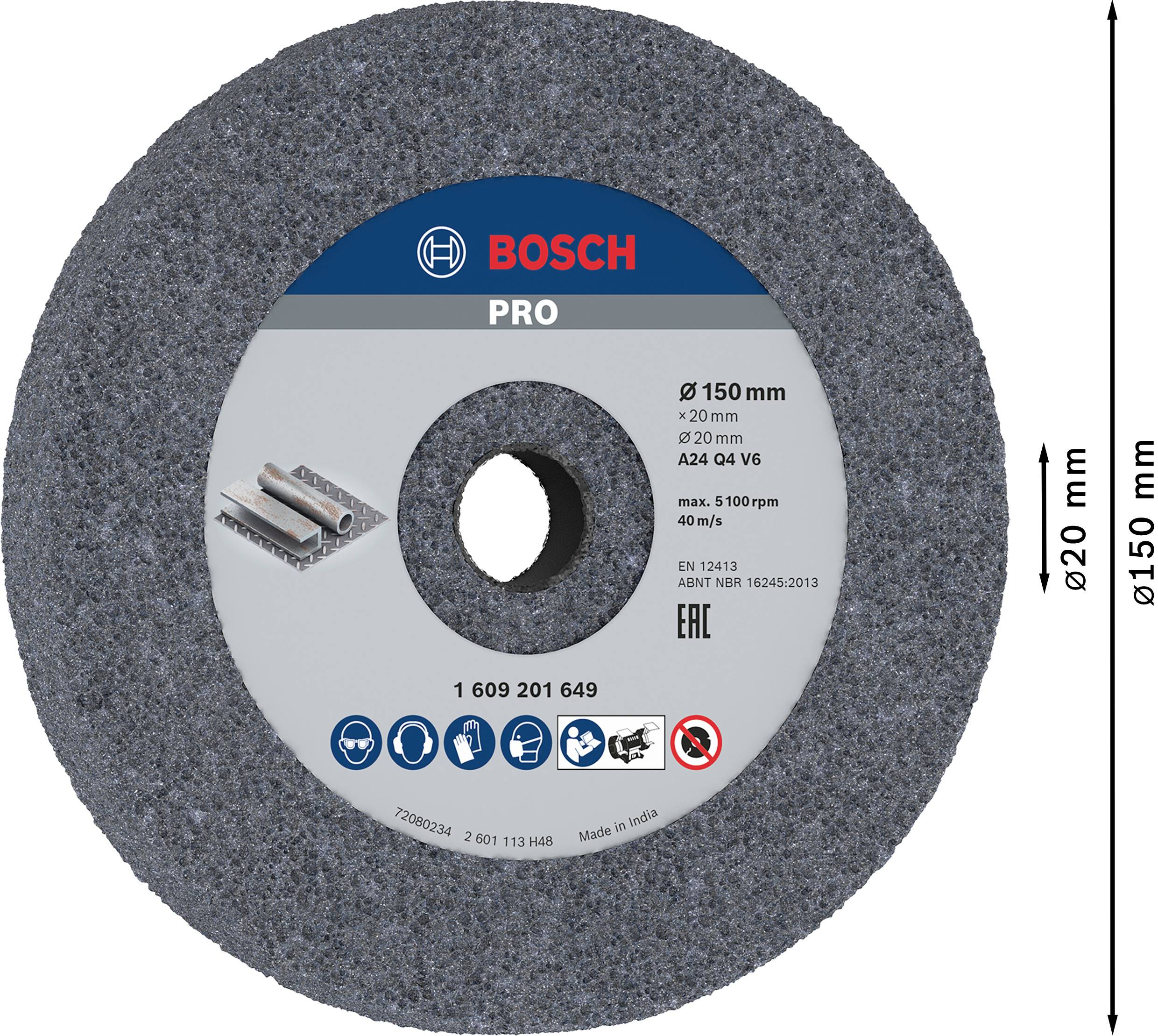 Schleifscheibe der Marke Bosch, Durchmesser 150 mm, Bohrung 20 mm, geeignet für Metallschleifen, max. 5100 U/min.
