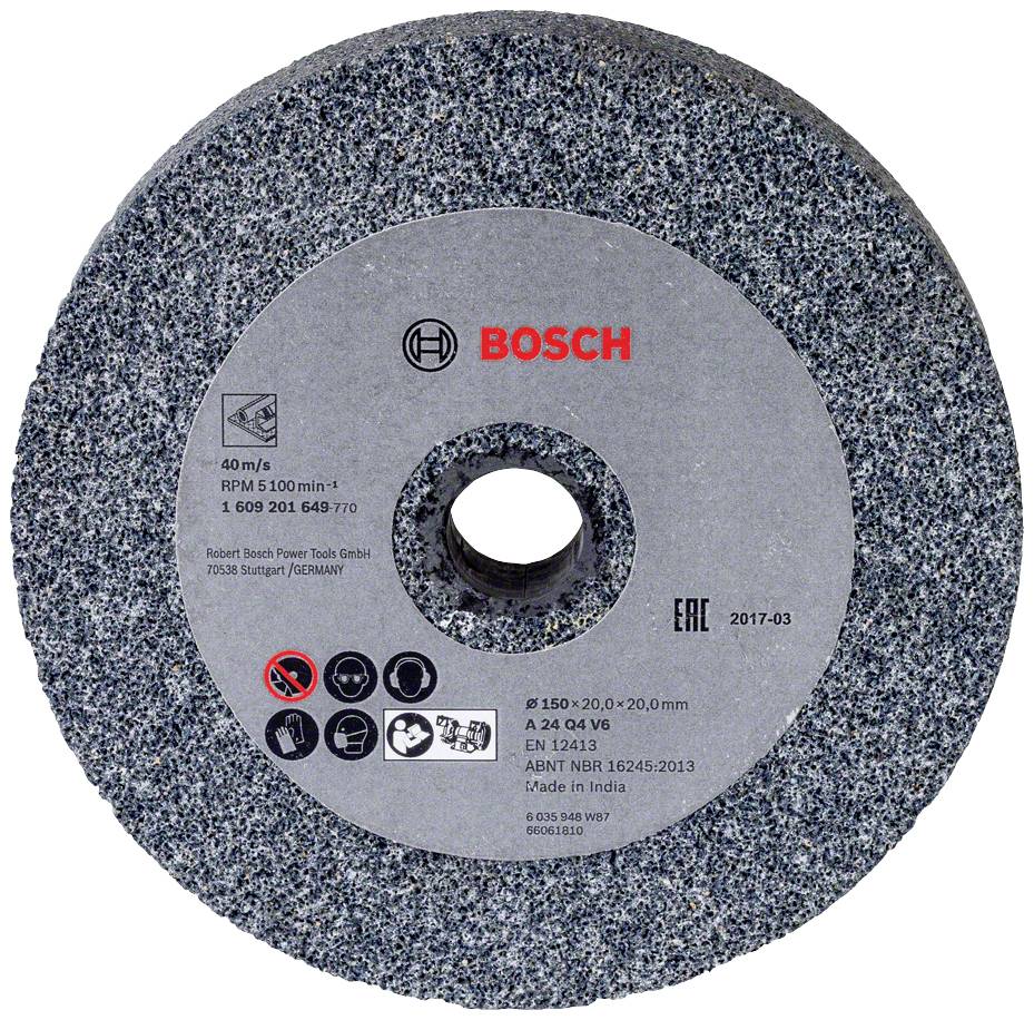 Schleifscheibe von Bosch, grau, rund, mit technischer Aufschrift, Modell- und Sicherheitsinformationen sind sichtbar.
