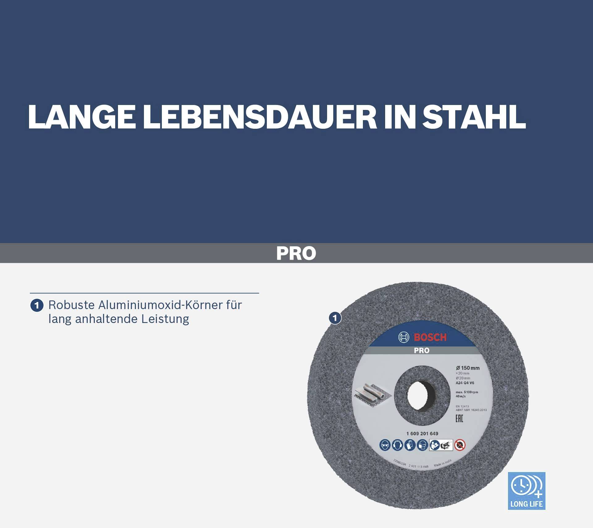 Trennscheibe 'Bosch Pro' für Stahl. Text: 'Lange Lebensdauer in Stahl'. Merkmale: Robuste Aluminiumoxid-Körner, lange Leistung.