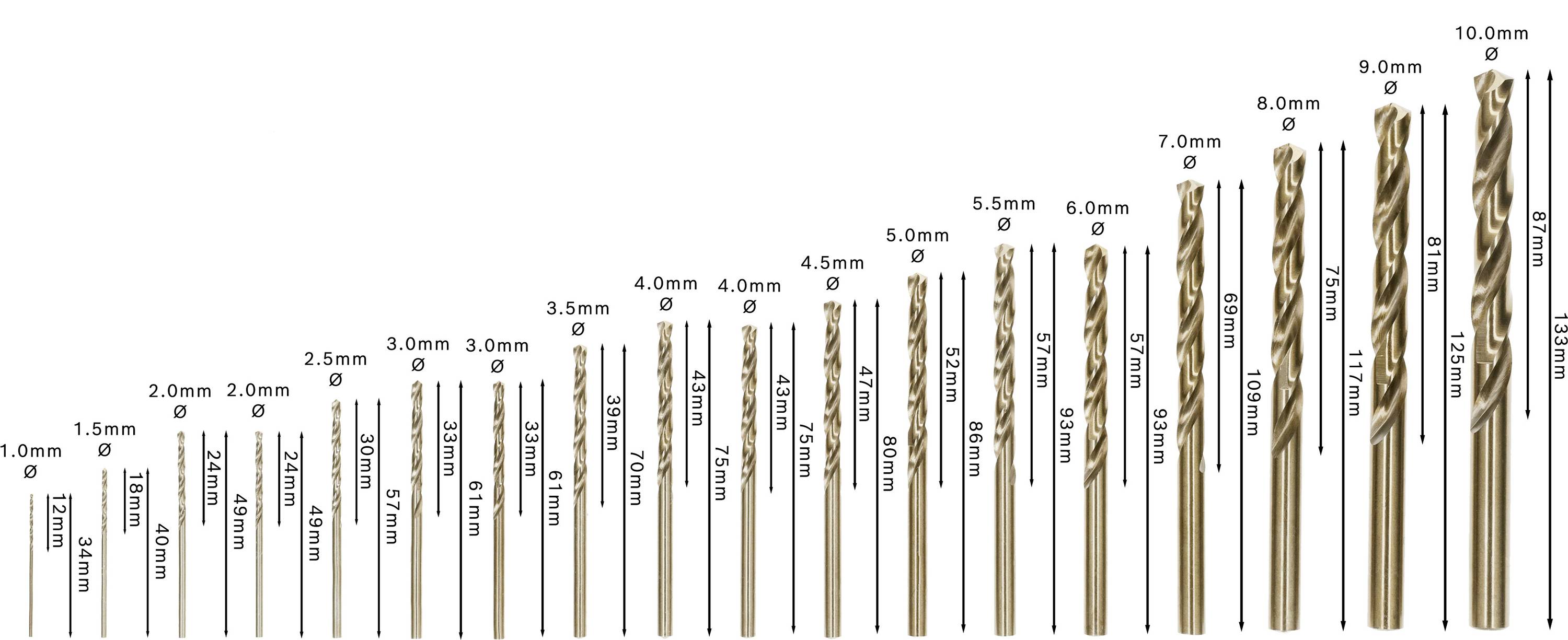 Satz von Bohrern in verschiedenen Größen, von 1,0 mm bis 10,0 mm in 0,5-mm-Schritten geordnet, zeigt allmähliche Zunahme.