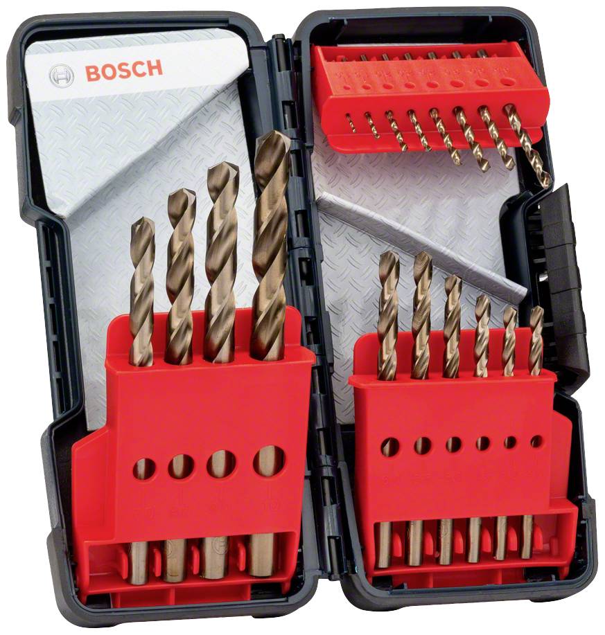 Ein offenes, schwarzes Etui mit Bohrer-Sets in roten Halterungen. Links längere, rechts kürzere Bohrer. Logo 'Bosch' oben links.