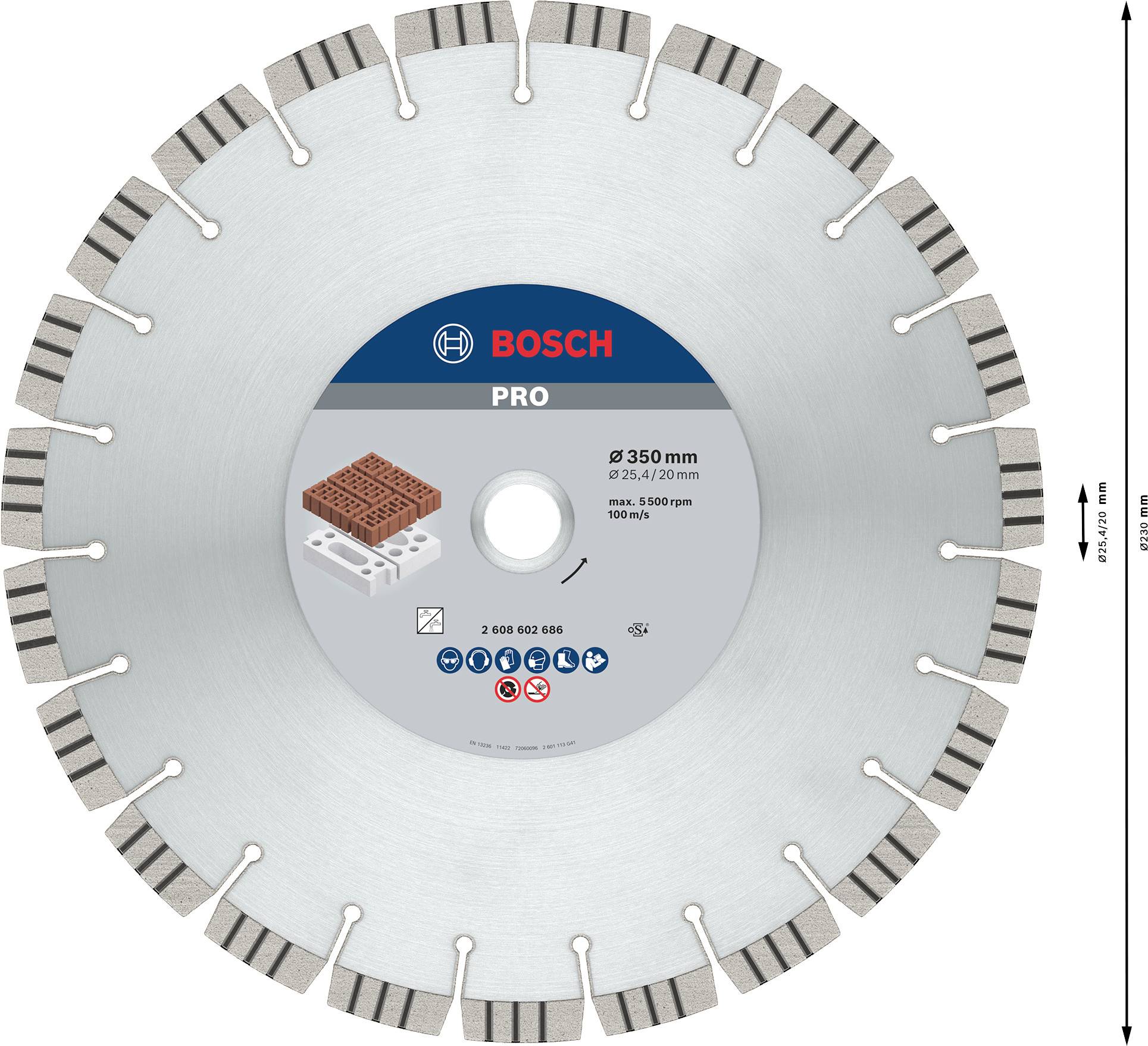 Bosch Pro Diamantscheibe für Mauerwerk, Durchmesser 350 mm, Schnittbreite 2,3 mm, geeignet für Ziegel und Beton, bis 5500 U/min.