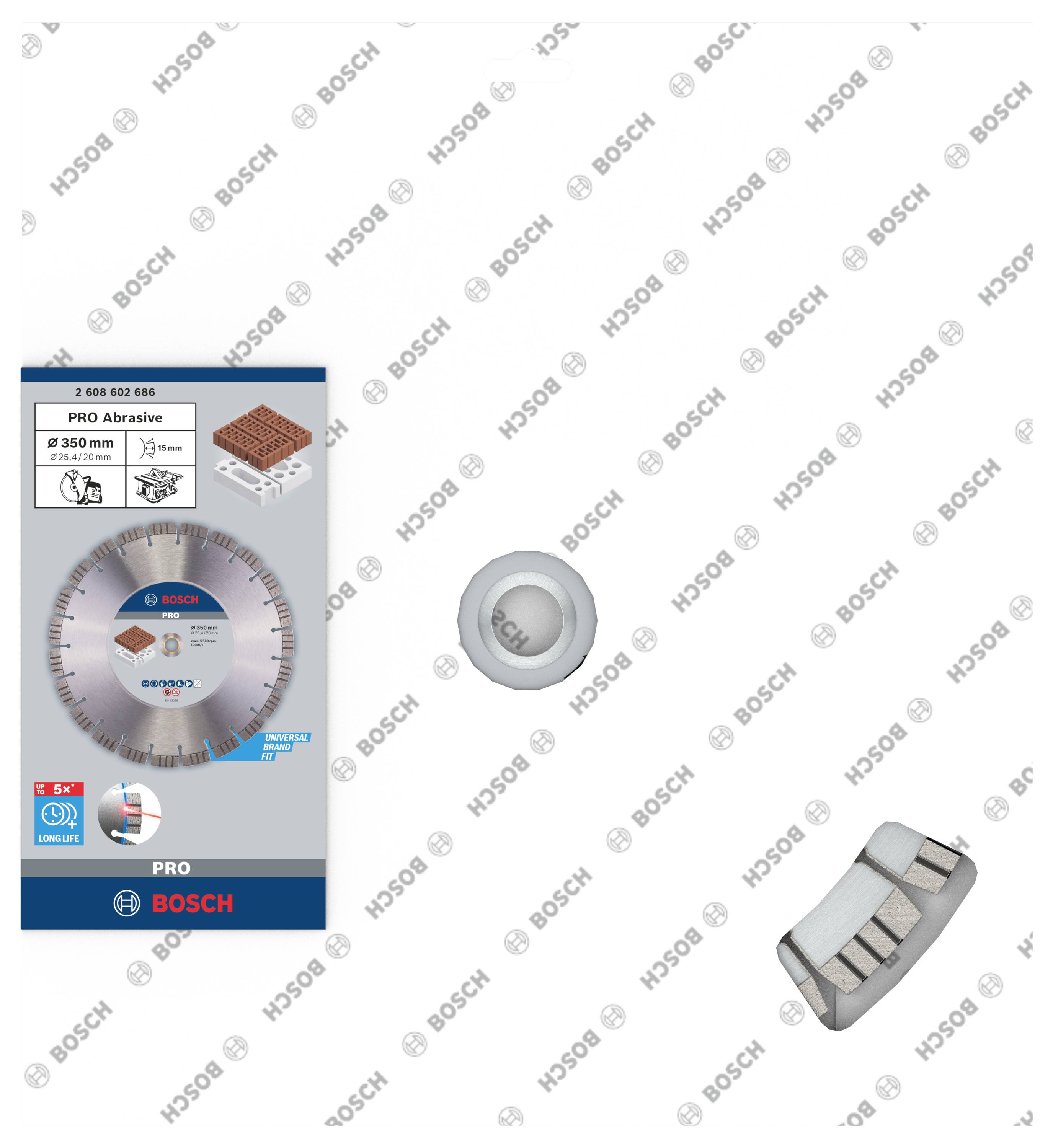 Verpackung für eine Bosch PRO Schleifscheibe, 350 mm. Enthält Produktbild der Schleifscheibe mit Beton- und Steinabbildungen.