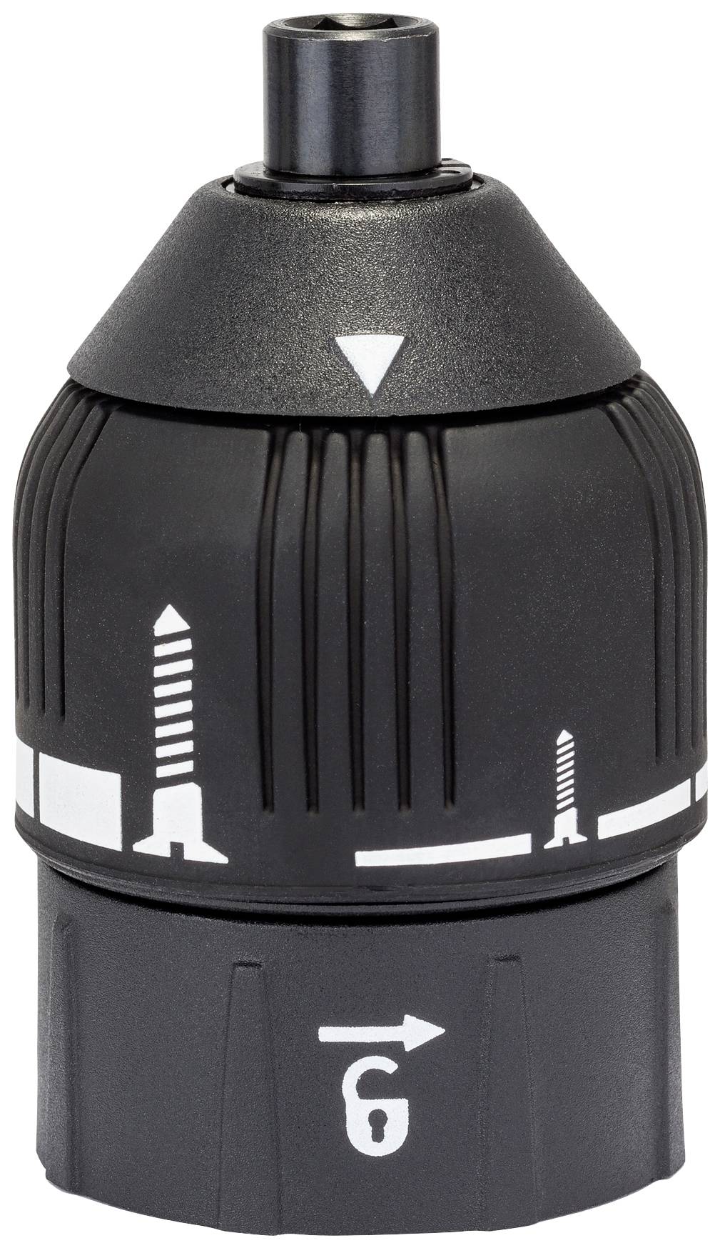 Ein schwarzes Bohrfutter mit Drehmomenteinstellung und Piktogrammen für Bohr- und Schraubmodus sowie einer Drehpfeilanzeige.