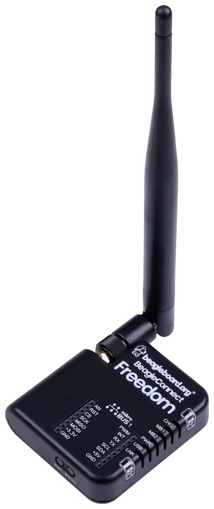 Kleines, schwarzes elektronisches Gerät mit Antenne, beschriftet mit 'Freedom'. Funktionen und Schalter sind auf der Oberfläche erkennbar.