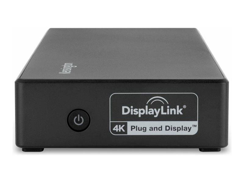 Eine schwarze DisplayLink-Dockingstation mit einem Netzschalter auf der Vorderseite und der Aufschrift '4K Plug and Display'.