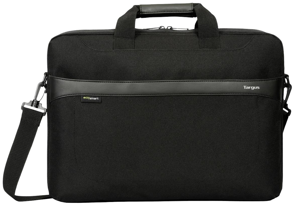 Eine schwarze Laptoptasche mit einem Tragegriff und einem abnehmbaren Schultergurt. Vorderseite zeigt das Logo einer bekannten Marke.