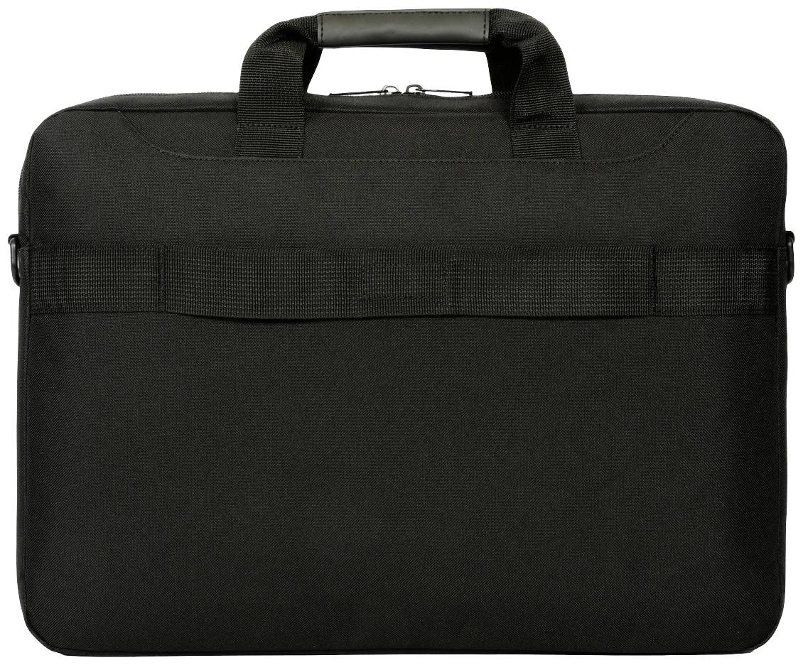 Schwarze Laptop-Tasche mit zwei Griffen, schlichtes Design, geeignet für den Transport oder die Aufbewahrung eines Laptops.