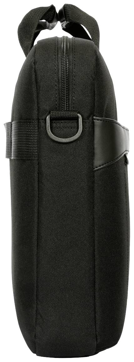 Schwarze Laptoptasche, seitliche Ansicht, zeigt Reißverschluss und Tragegriff, schlichtes Design.