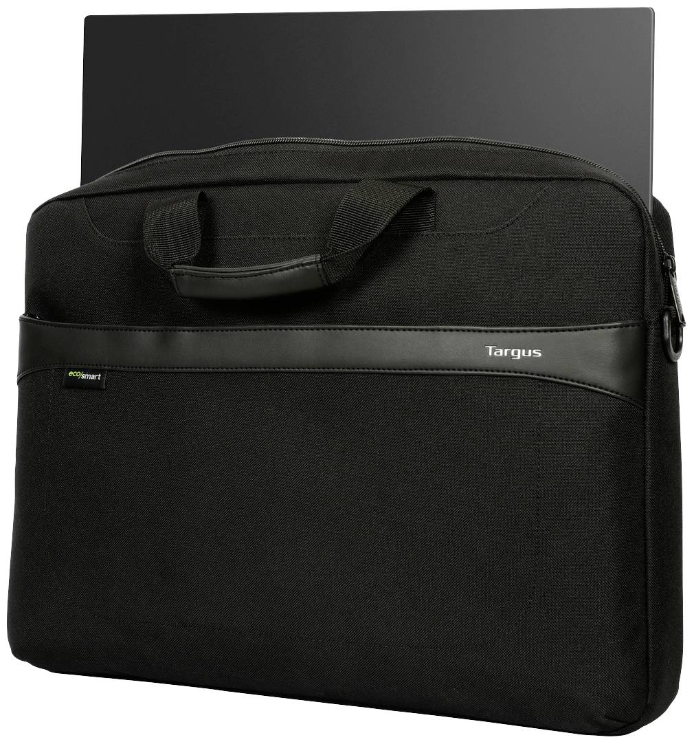 Eine schwarze Laptoptasche mit Tragegriffen zeigt eine teilweise sichtbare Laptop-Oberseite, die aus der Tasche herausragt.