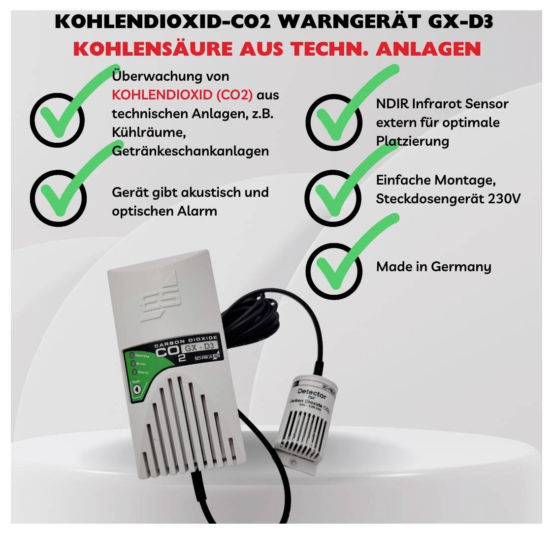 'Warngerät GX-D3' zur Überwachung von Kohlendioxid in technischen Anlagen. Enthält Sensor, akustische und optische Alarme, montierbar. Made in Germany.