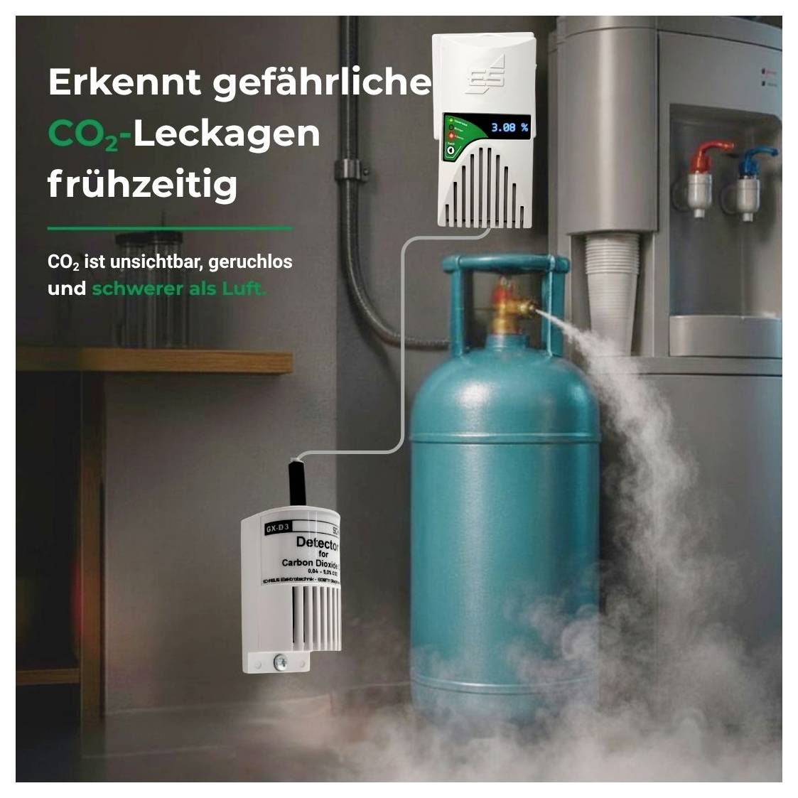 Werbegrafik: CO2-Leckage wird an einer Gasflasche mit Sensoren frühzeitig erkannt; Text: 'Erkennt gefährliche CO2-Leckagen frühzeitig'.