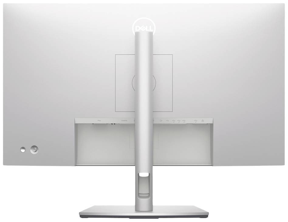Rückansicht eines silbernen Dell-Monitors auf einem Standfuß.