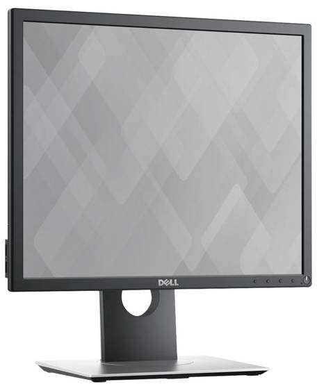 Ein schwarzer Dell-Monitor mit quadratischem Bildschirm und Standfuß, abgeschalteter Zustand.