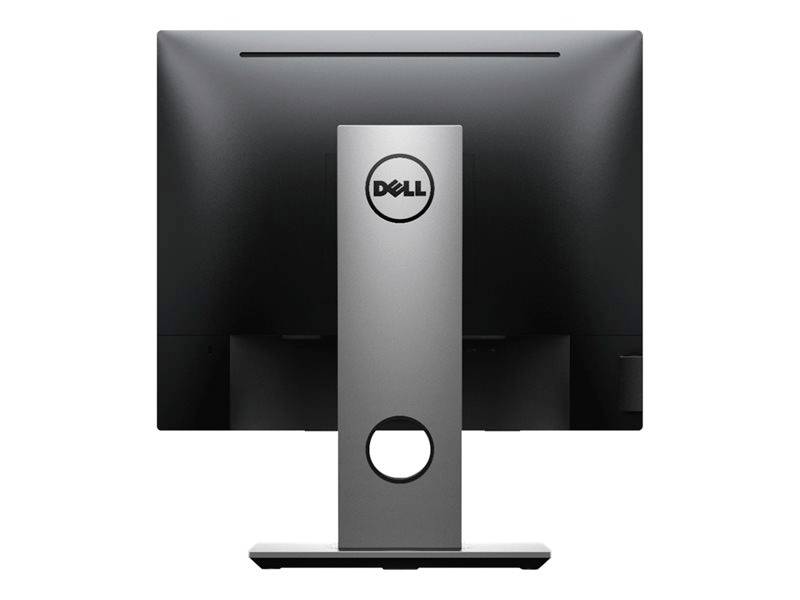 Rückansicht eines Dell-Computerbildschirms mit robustem Standfuß und markantem Logo in der Mitte. Bildschirm ist abgeschaltet.