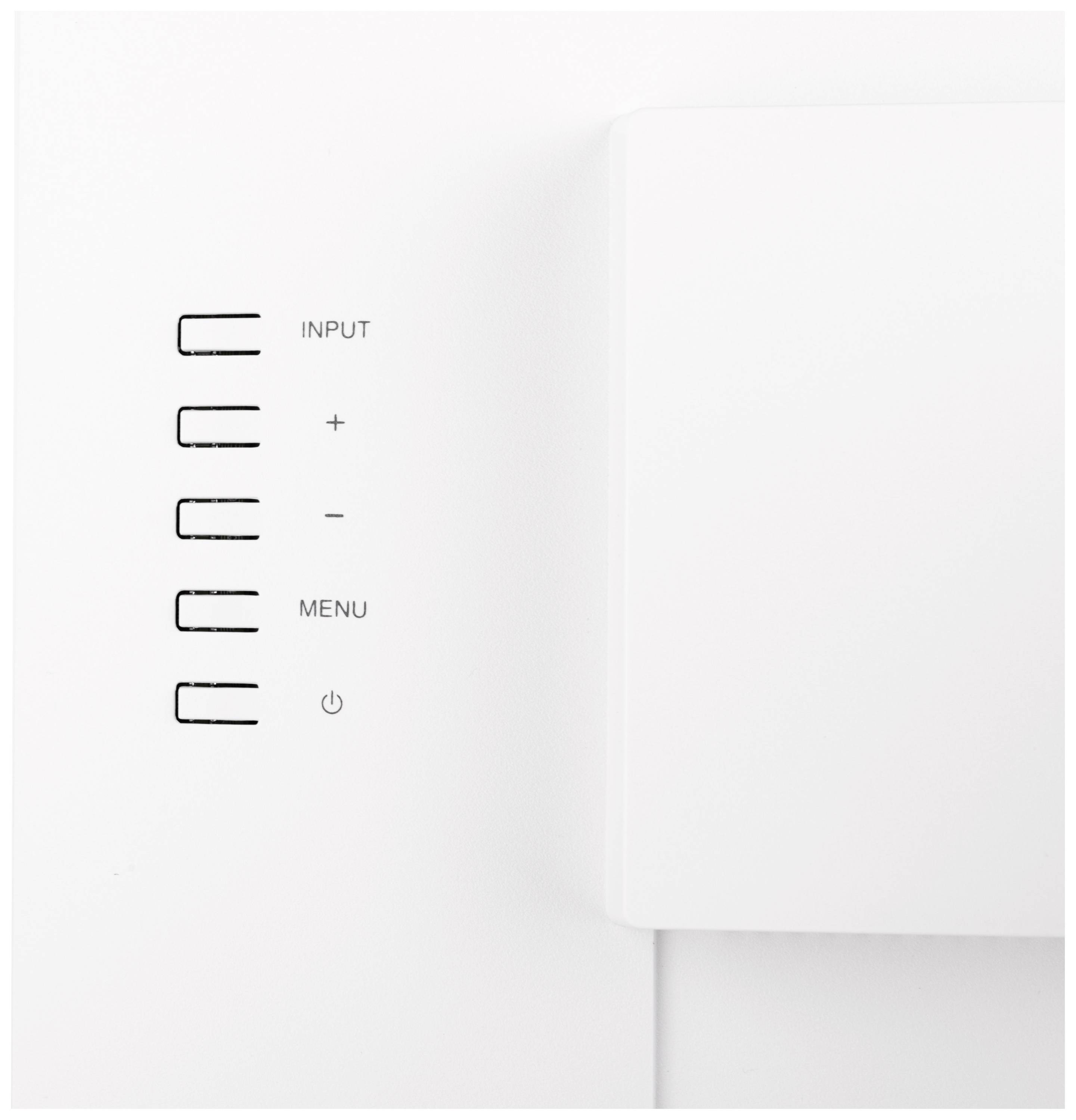 Eine weiße Wand mit fünf schwarzen Schaltern. Beschriftungen: 'INPUT', '+', '-', 'MENU' und 'Ein-/Ausschalten'. Minimalistisches Design.