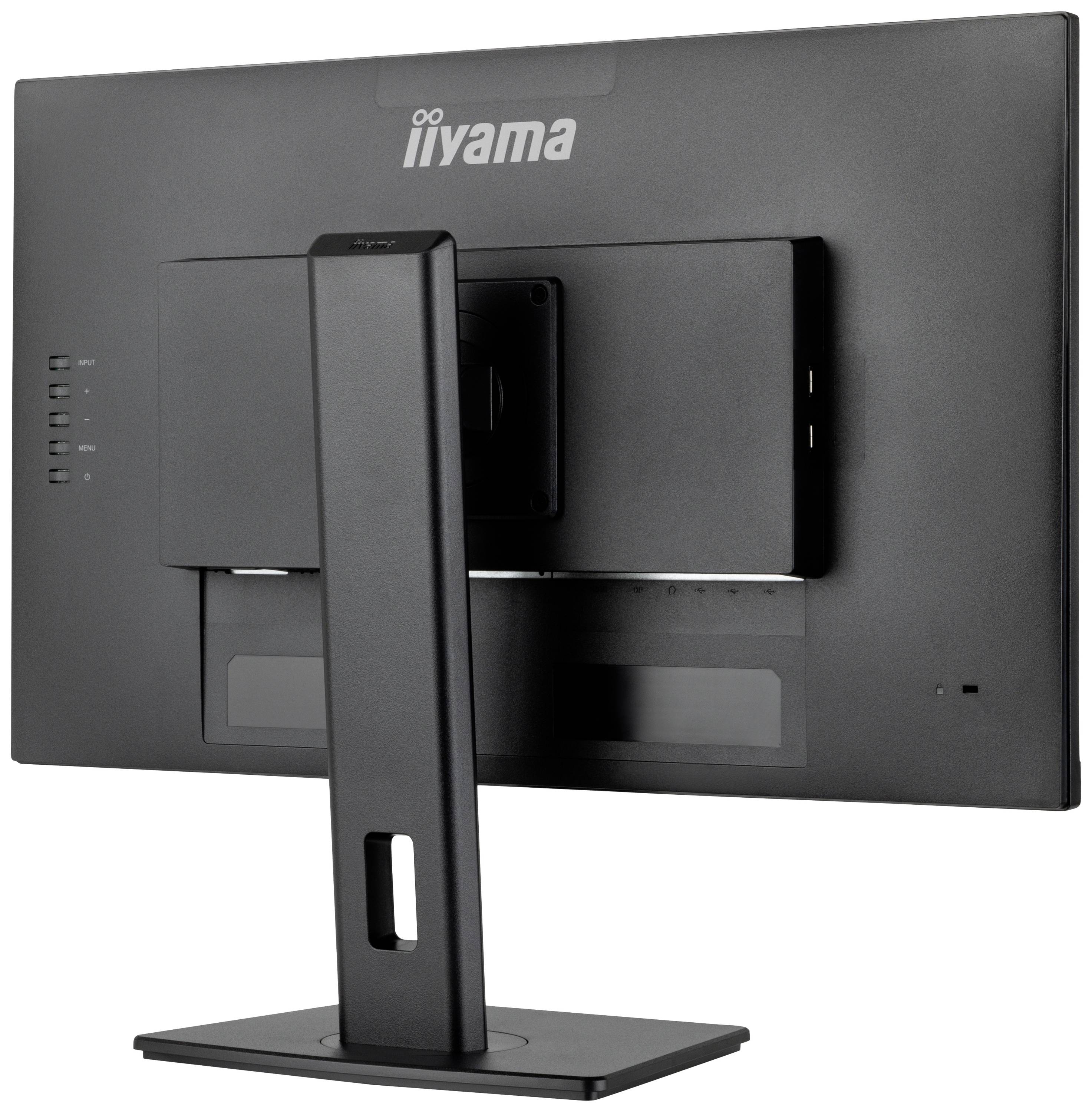 Monitor von hinten mit der Aufschrift 'iiyama', auf einem stabilen Standfuß montiert. Der Bildschirm zeigt keine sichtbaren Inhalte.