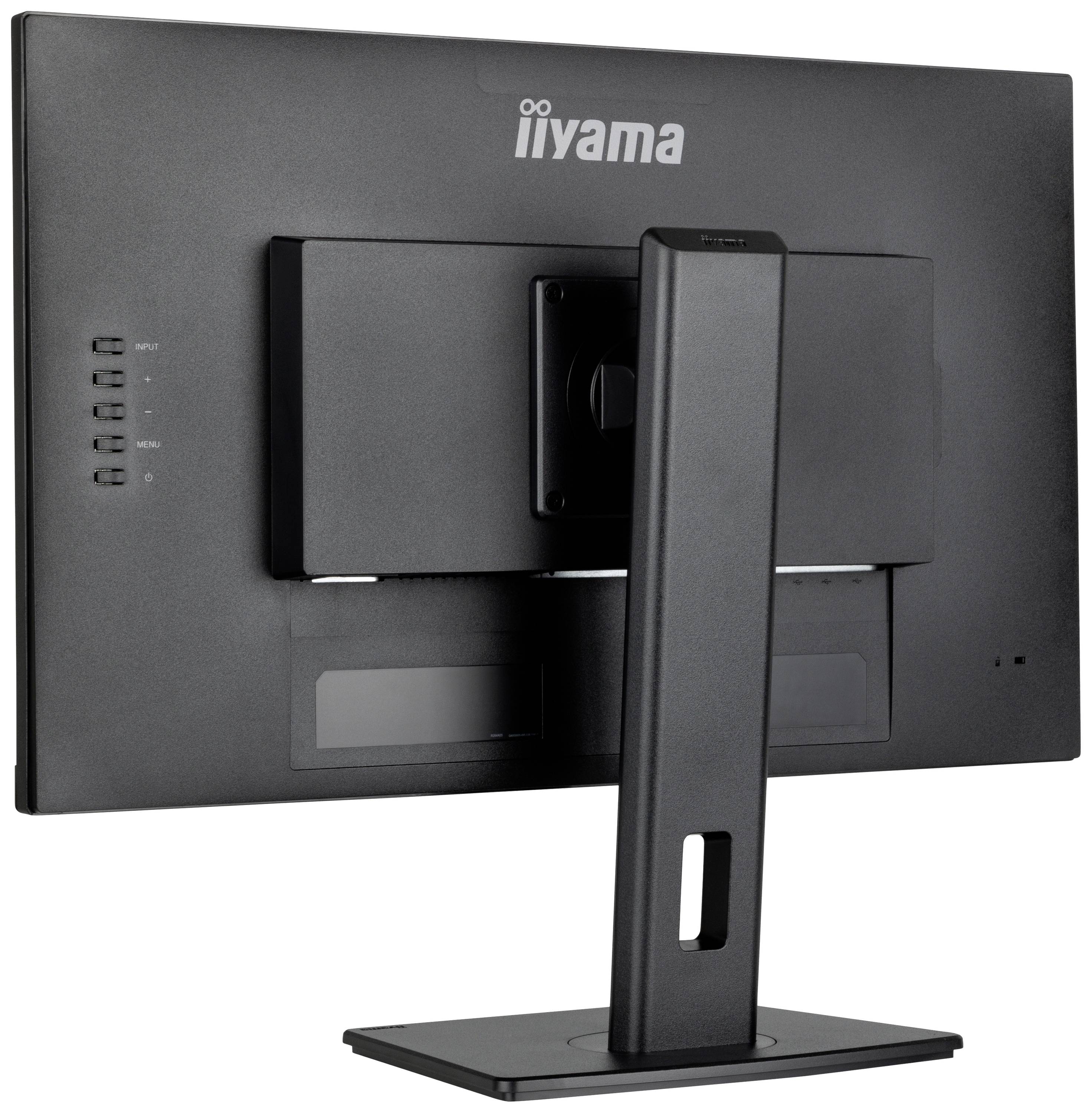 Rückansicht eines schwarzen Computermonitors auf einem Standfuß, Herstellerlogo oben mittig sichtbar.