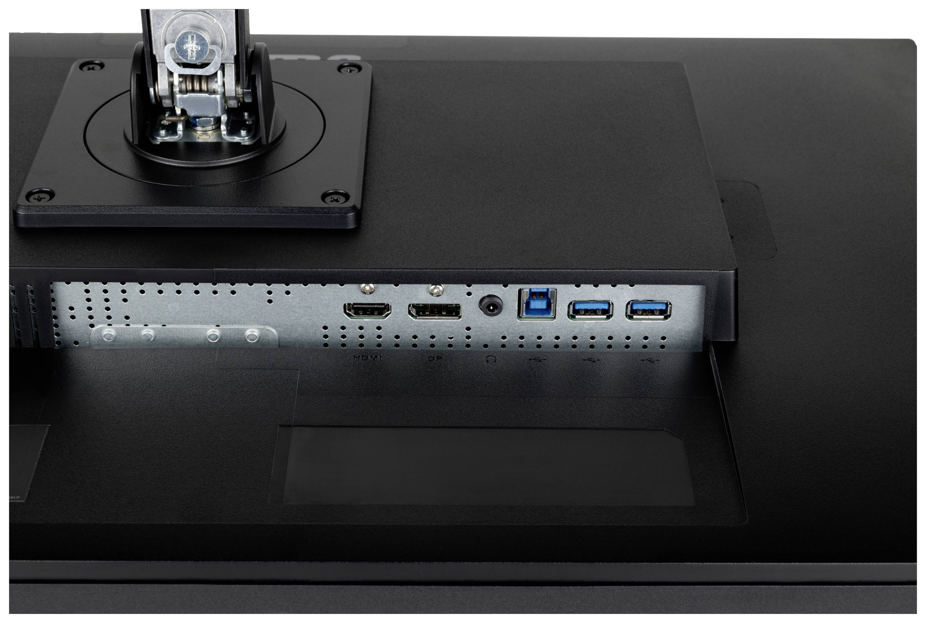 Rückansicht eines Monitors mit verschiedenen Anschlüssen: HDMI, DisplayPort, USB und Audio.