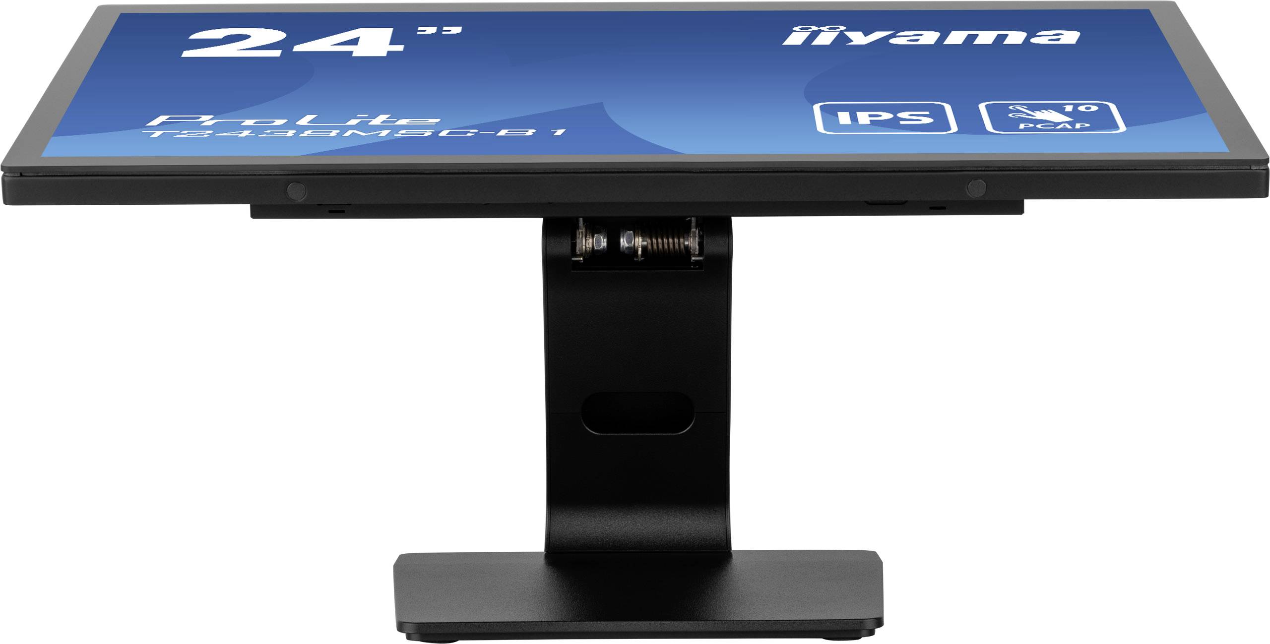 Monitor von iiyama mit 24 Zoll Bildschirm, steht auf einem verstellbaren Standfuß. Bildschirm zeigt Informationen zu IPS- und Flicker-Free-Technologie.