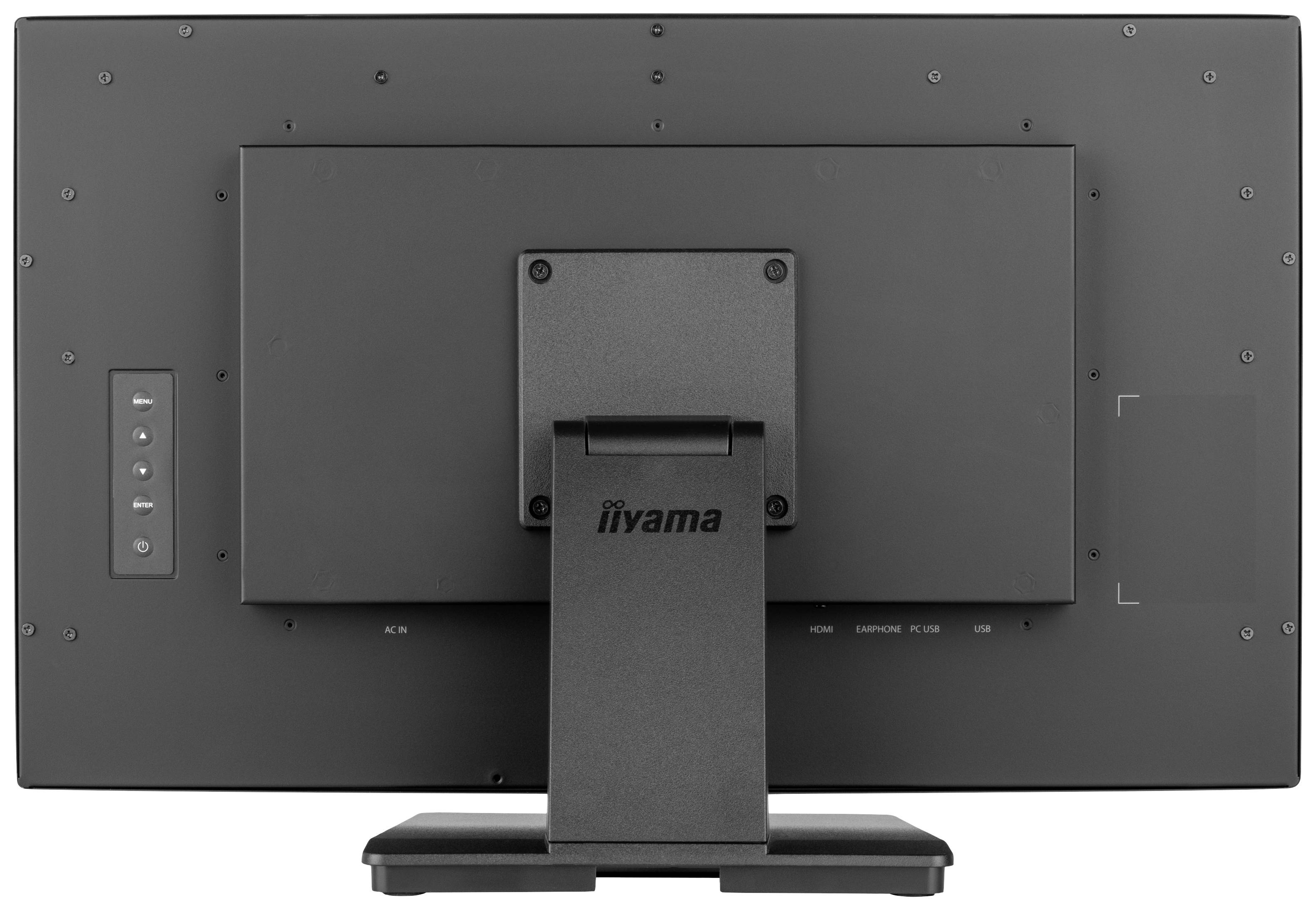 Rückansicht eines iiyama-Monitors mit rechteckigem Standfuß. Links befinden sich mehrere Tasteinstellungen.