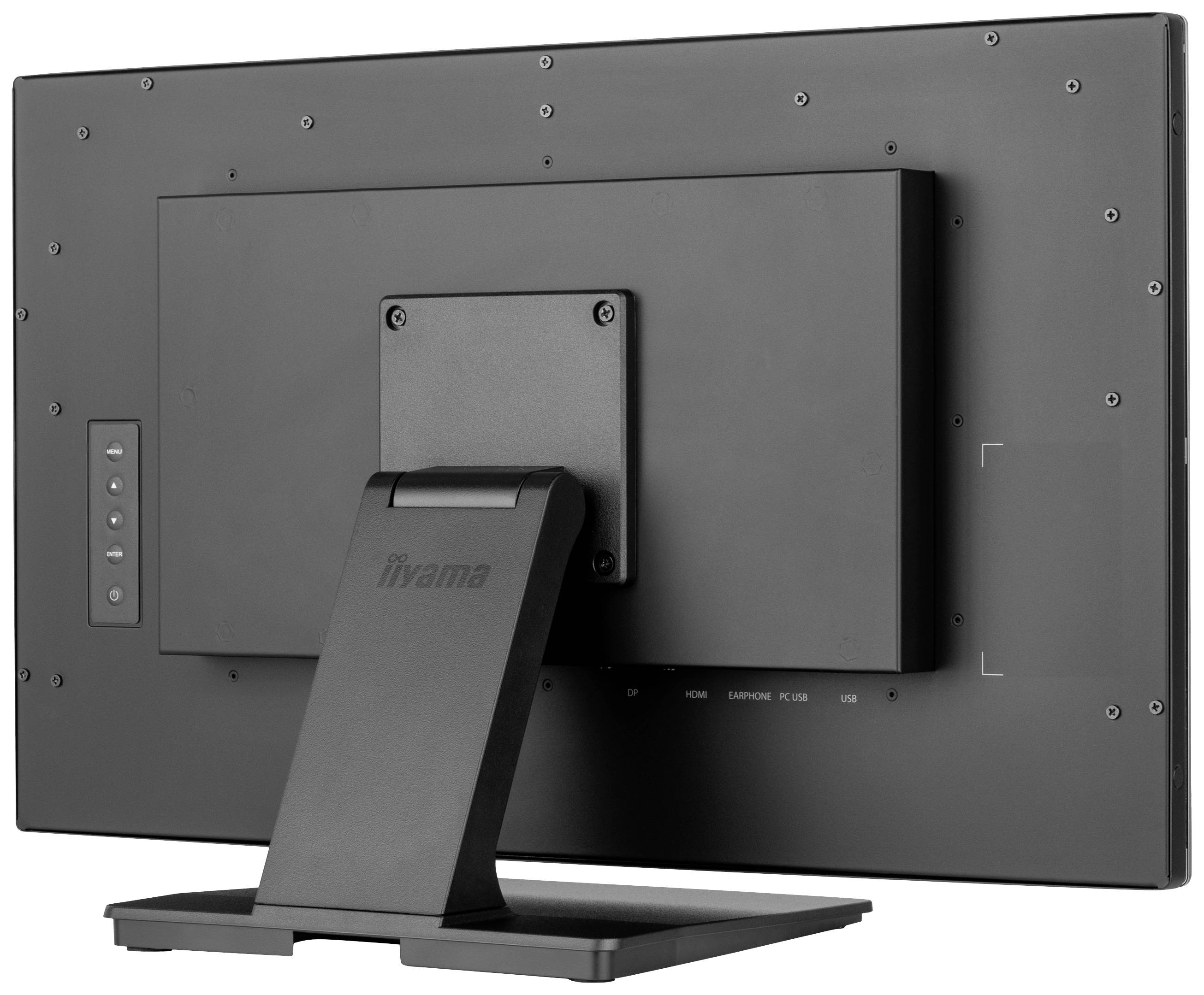 Ein schwarzer Monitor von hinten, montiert auf einem Standfuß, zeigt Anschlüsse und Bedientasten an der Seite.