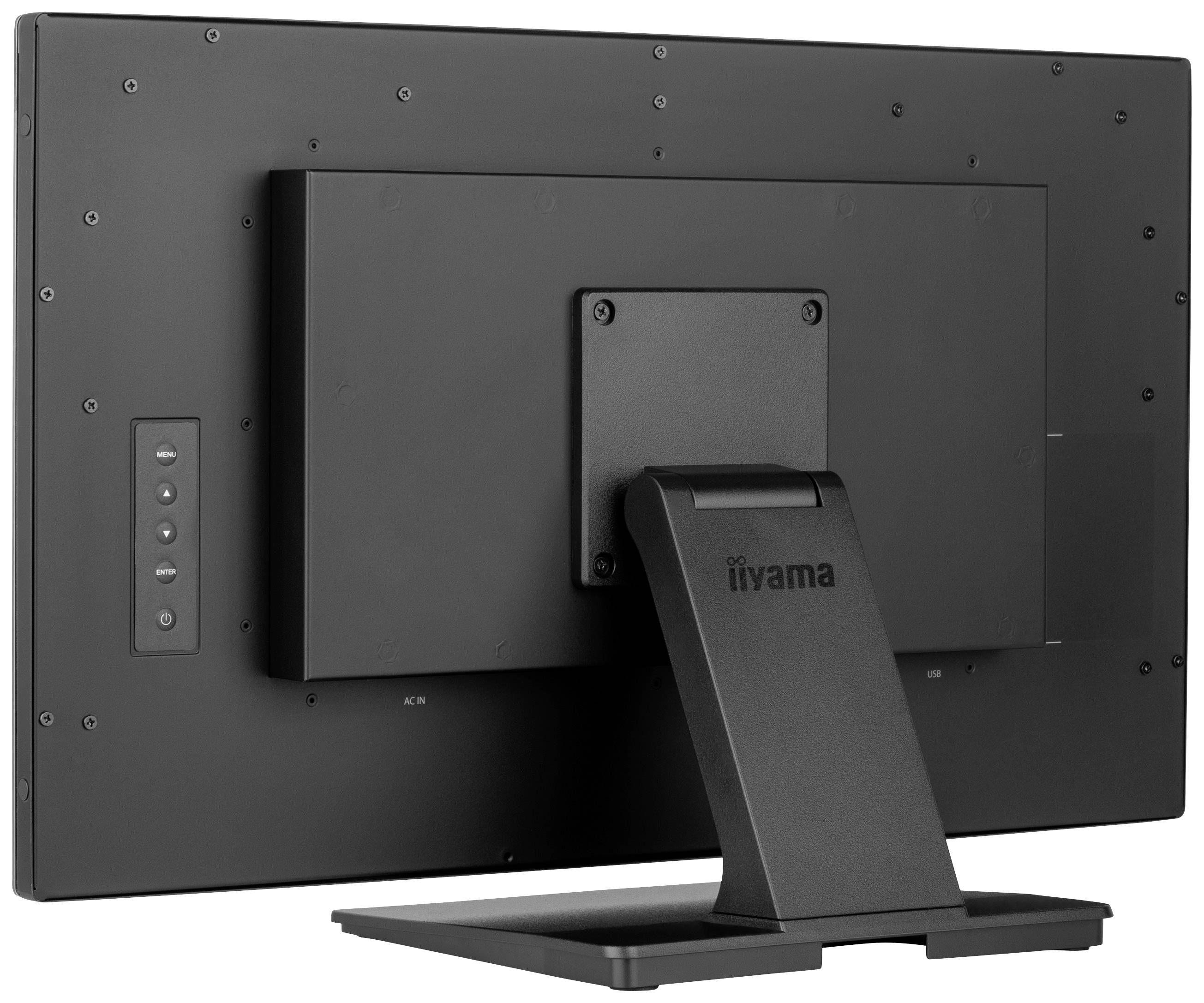 Rückseite eines schwarzen Computerbildschirms mit Standfuß, zeigt Herstellerlogo und Tasten auf der linken Seite.