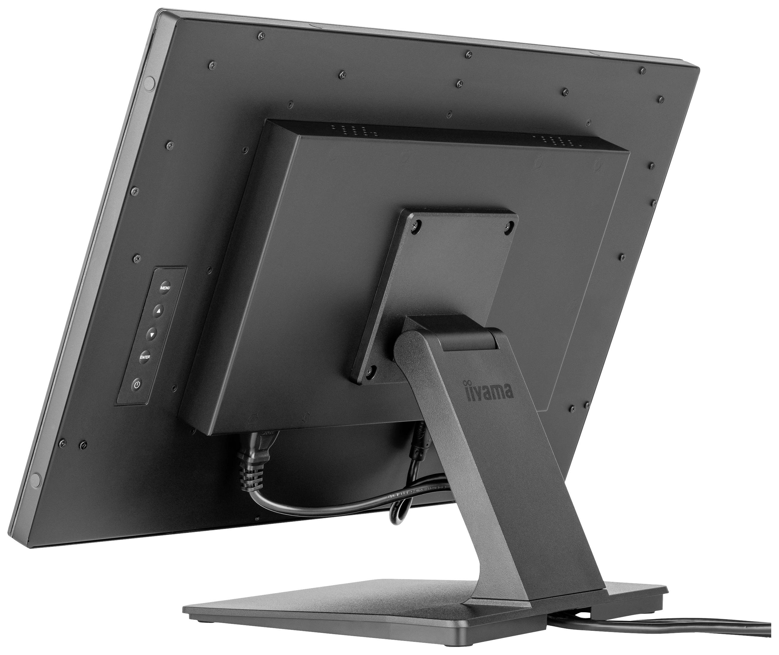 Ein Monitor von hinten mit sichtbarem Standfuß und Kabelanschluss.