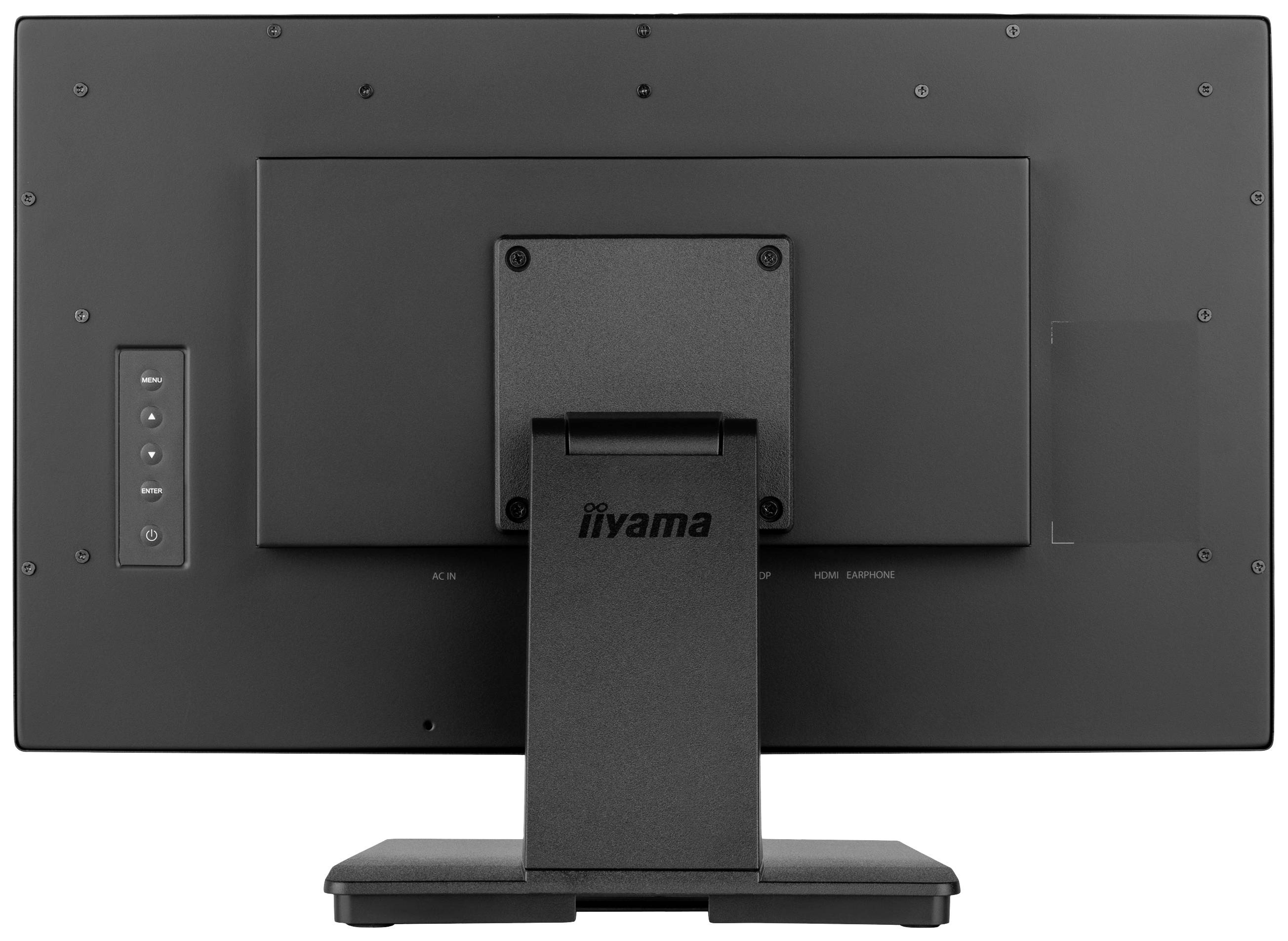 Rückansicht eines iiyama-Monitors. Der Bildschirm ist schwarz mit einem stabilen Standfuß. Seitliche Bedientasten und Anschlüsse sind sichtbar.