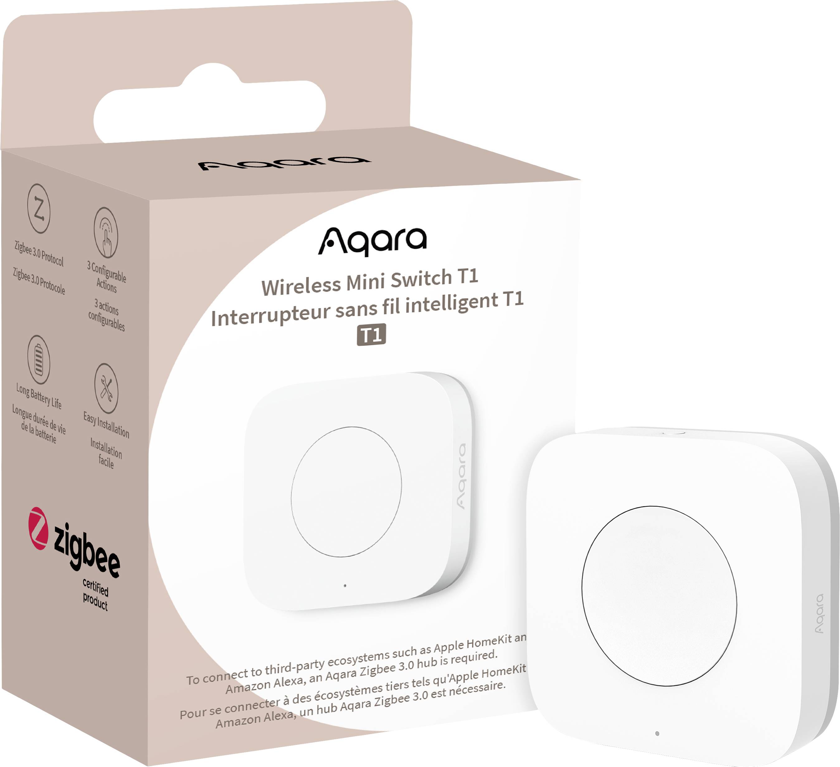 Weiße, quadratische drahtlose Mini-Steuerung von Aqara. Verpackung zeigt 'Aqara Wireless Mini Switch T1'. Für Zigbee 3.0-Netze.