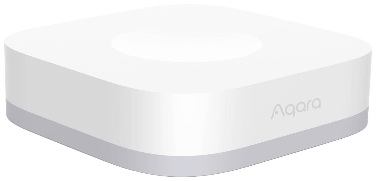Ein weißes, quadratisches Smart-Home-Gerät von Aqara, leicht abgerundet an den Ecken, auf hellem Hintergrund.