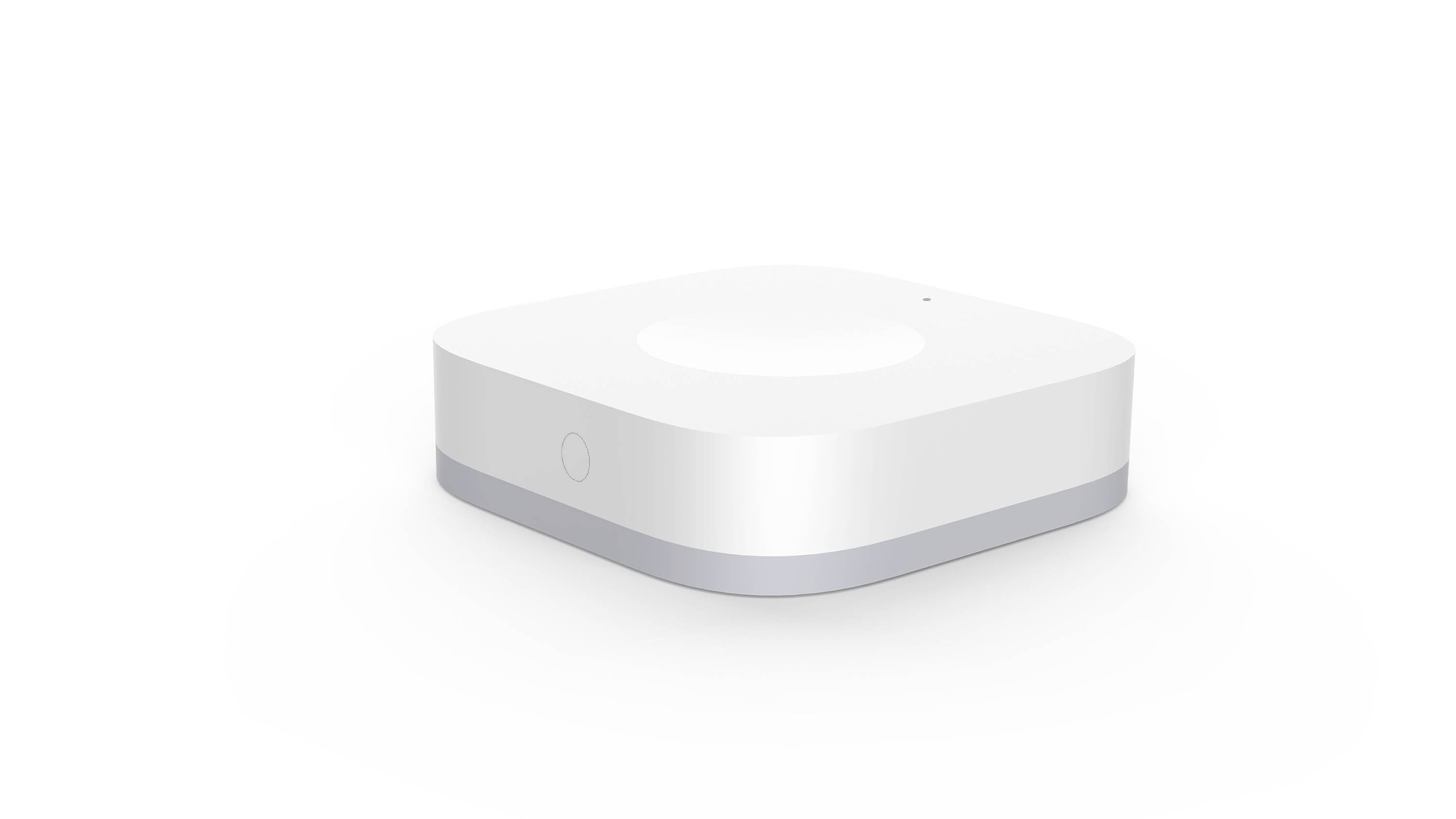 Ein kompakter, weißer, quadratischer Sensor mit abgerundeten Kanten auf einem weißen Hintergrund, möglicherweise ein Smart-Home-Gerät.