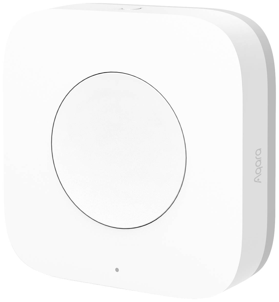 Ein quadratischer, weißer Smart-Button von Aqara mit rundem Druckknopf in der Mitte. Die Vorderseite enthält ein kleines LED-Licht.