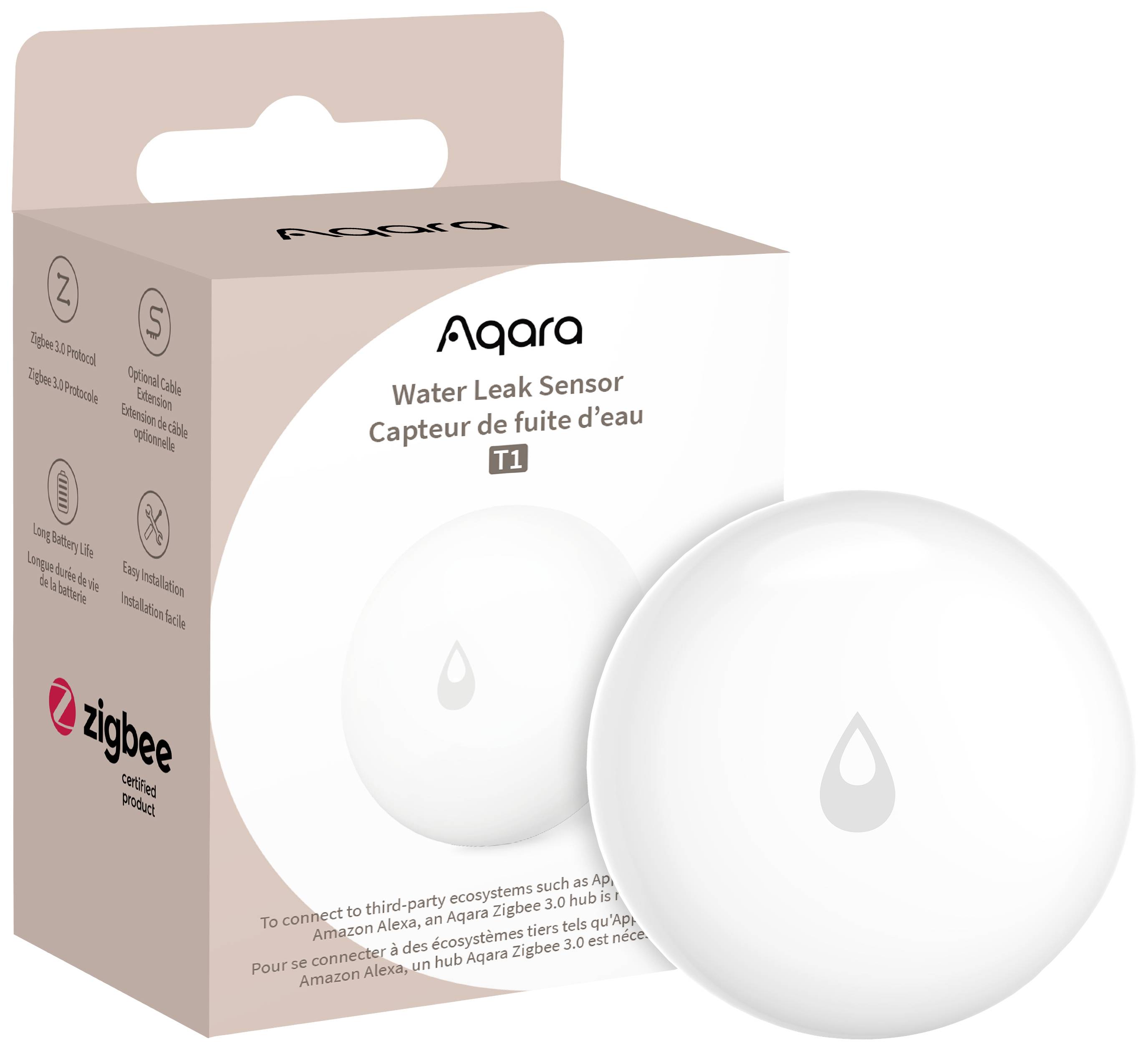 Wassersensor-Verpackung mit Aufschrift 'Aqara Water Leak Sensor', kompatibel mit Zigbee, zeigt runden, weißen Sensor mit Tropfensymbol.