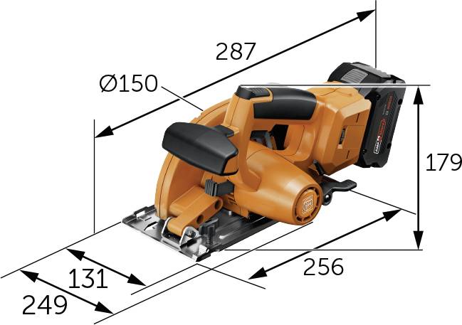 Akkugerät, orange, mit Griff und Klingenabdeckung; technische Zeichnung mit Abmessungen: Länge 287 mm, Höhe 179 mm, Klingen-Ø 150 mm.