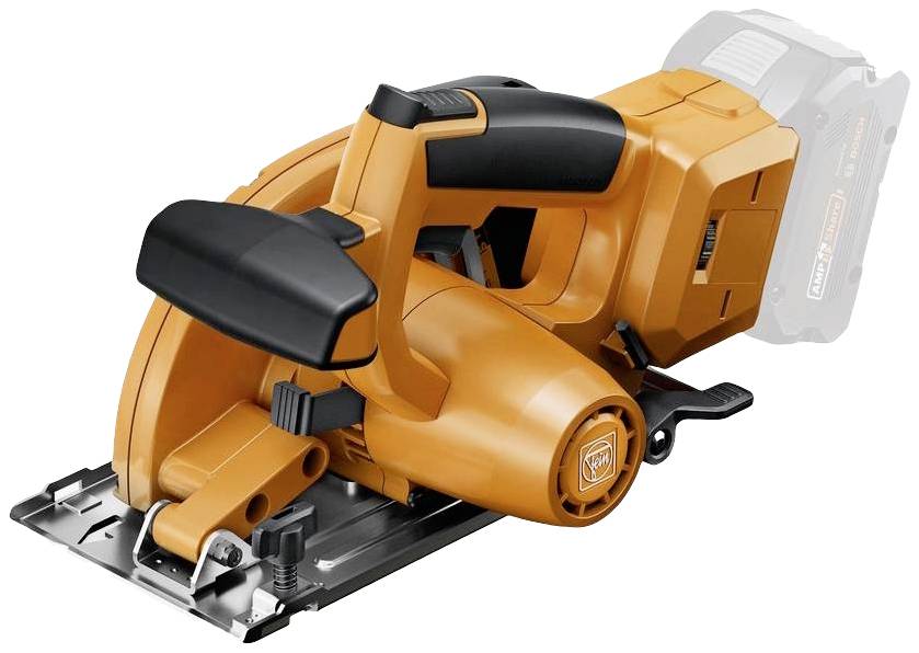 Eine orange, kabellose Handkreissäge mit schwarzem Griff und silbernem Sägetisch, dargestellt von der Seite.