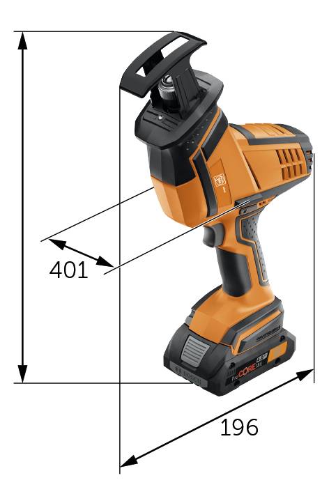Akkuschrauber, orange-schwarz. Länge 401 mm, Höhe 196 mm. Geeignet für handwerkliche Arbeiten. Dezentes Design, ergonomischer Griff.