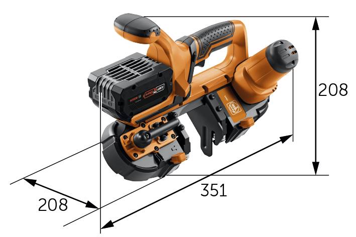 Das Bild zeigt ein orangefarbenes Elektrowerkzeug mit Maßen: Breite 208 mm, Höhe 208 mm, Länge 351 mm.