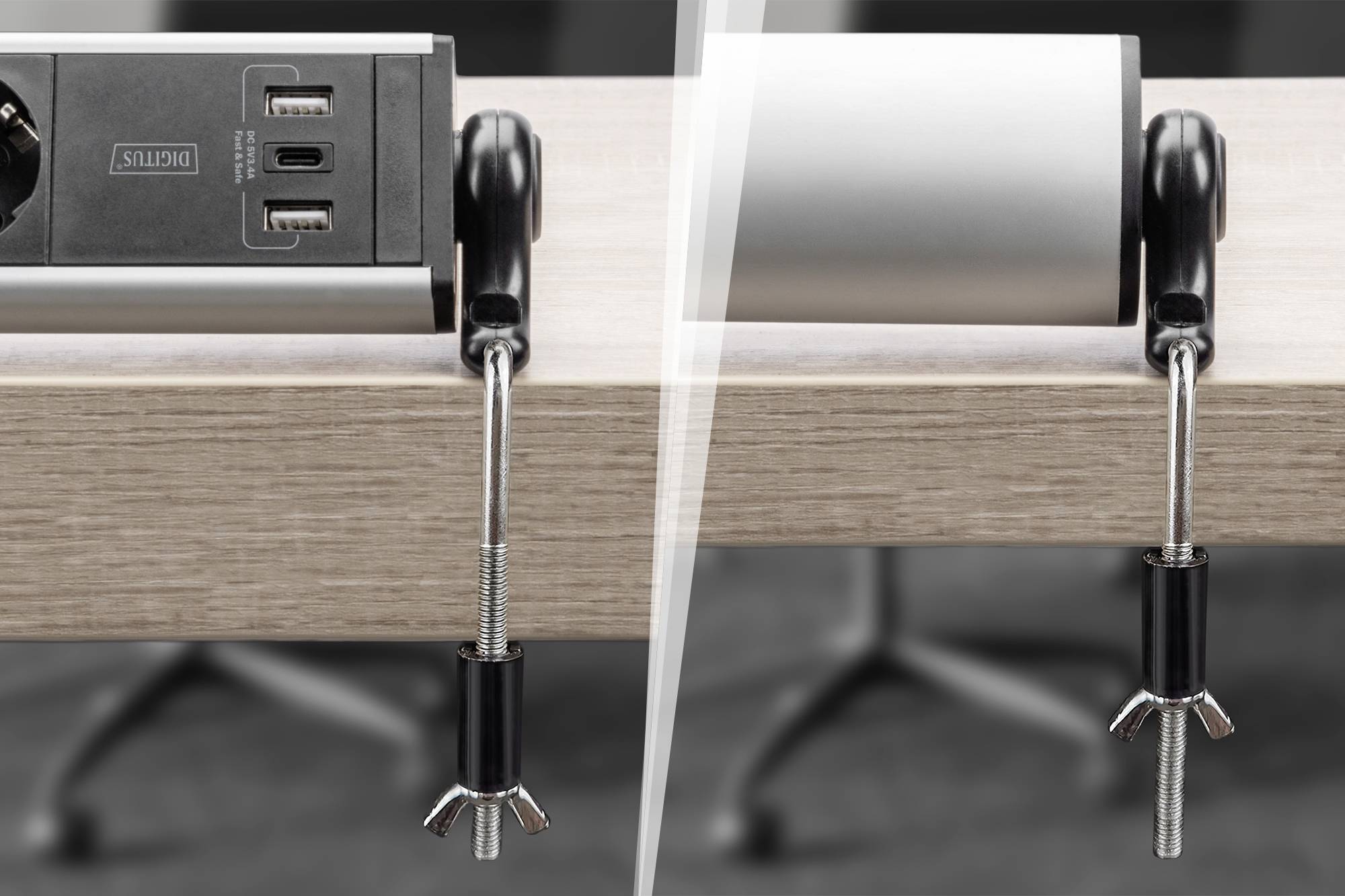 Vorher-Nachher-Darstellung: Links wird eine Steckdosenleiste mit Schraubzwinge an einem Tisch befestigt, rechts ohne Leiste, nur die Zwinge.