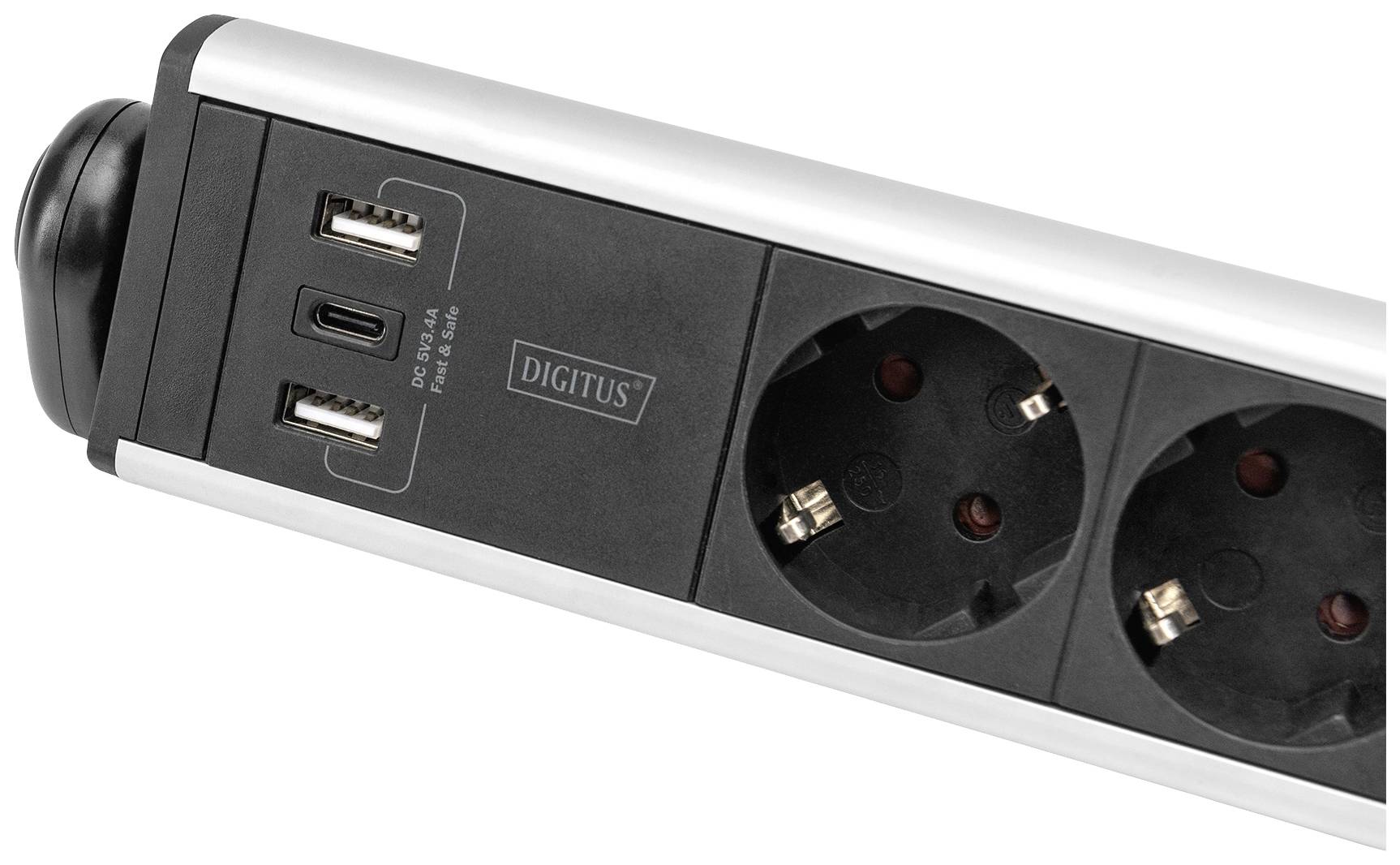 Steckdosenleiste mit zwei USB-Anschlüssen und zwei Steckdosen, Marke 'Digitus', schwarzes und silbernes Gehäuse.