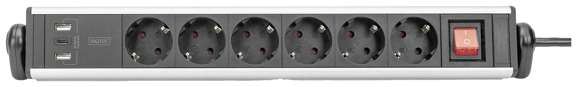 Sechsfache Steckdosenleiste mit zwei USB-Anschlüssen und einem Ein-/Ausschalter.