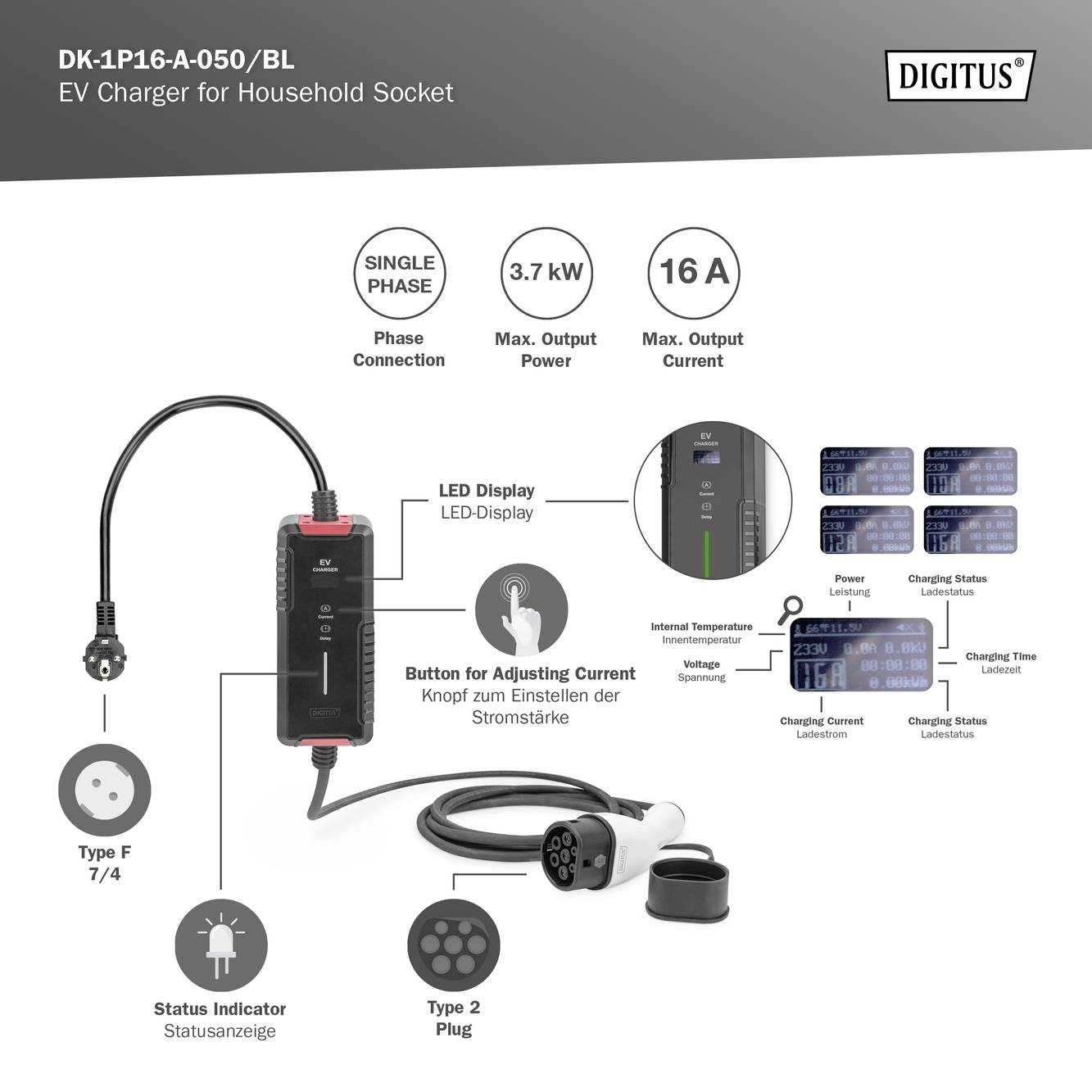 EV-Ladegerät für Haushaltssteckdosen, Modell DK-1P16-A-050/BL. 3,7 kW, 16 A. Typ-F-Stecker. LED-Display zur Ladeanzeige. Einstellknopf für Stromstärke.