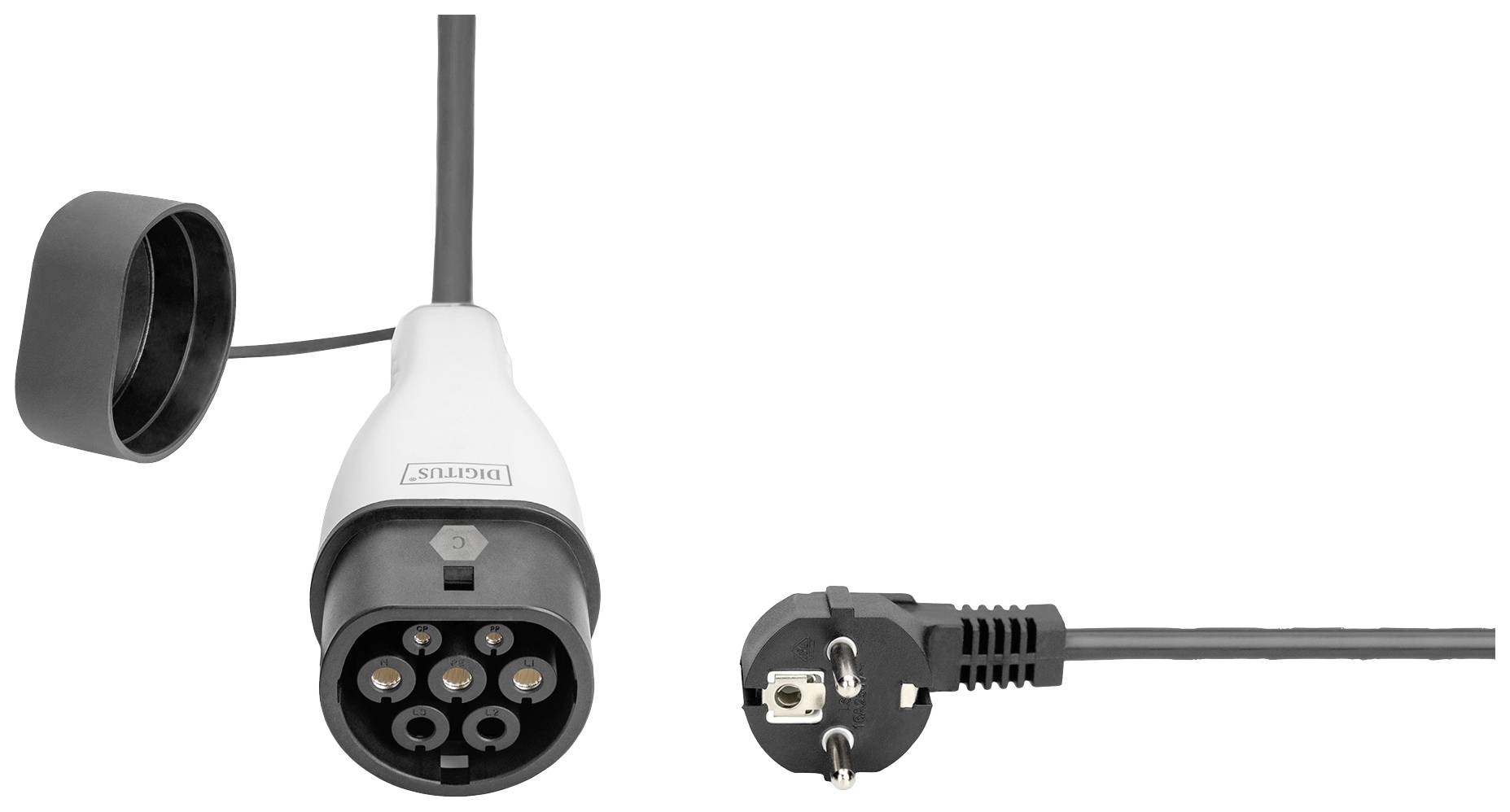Ladekabel für Elektrofahrzeuge mit einem Typ-2-Stecker links und einem Schuko-Stecker rechts.