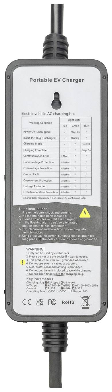 Tragbares EV-Ladegerät mit Anschlusskabeln. Aufschrift: 'Portable EV Charger'. Tabelle zeigt Ladeinformationen. CE, FCC, RoHS Symbole sichtbar.