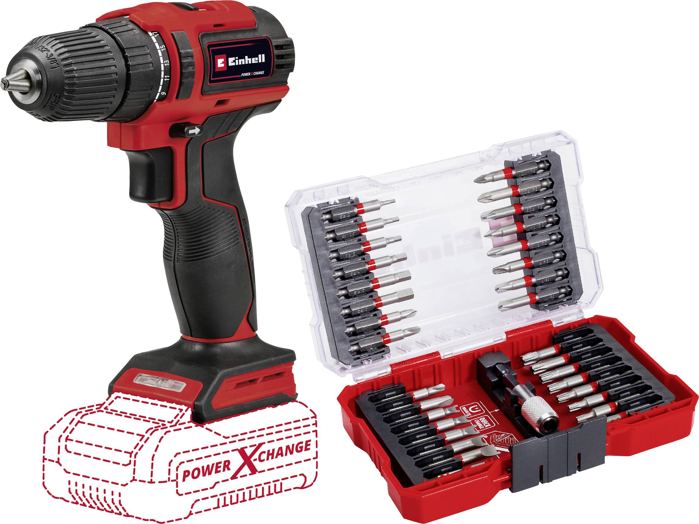 Einhell Power X-Change TE-CD 18/40 Li BL 2525945+2936799 Akku-Bohrschrauber 18V Li-Ion inkl. 33-tlg. Bit-Set, ohne Akku, ohne