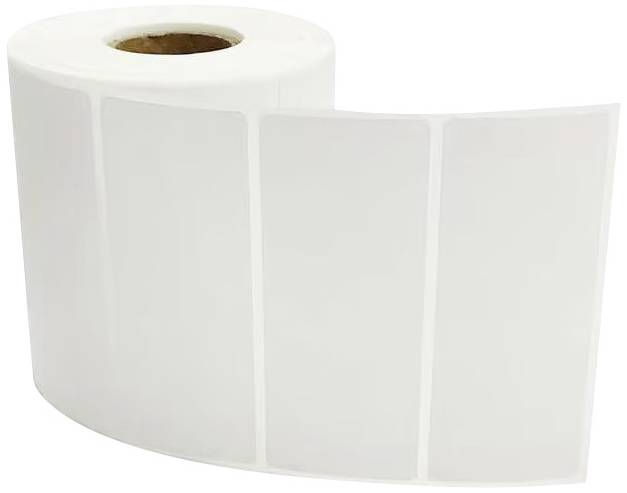 Rolle mit weißen rechteckigen Etiketten für Drucker oder Beschriftungsgeräte, geeignet für Produktbeschriftung oder Bürobedarf.