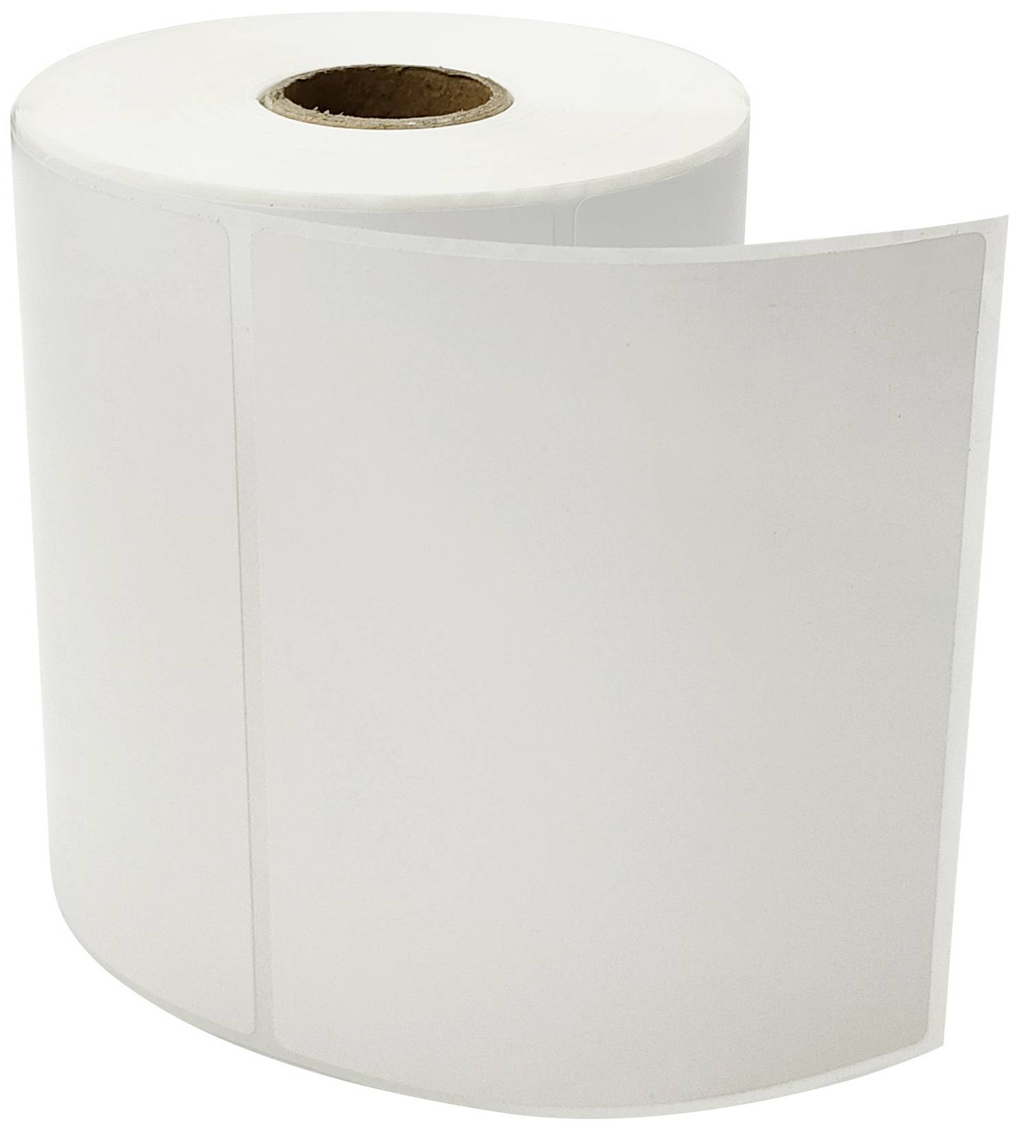 Eine Rolle weißer Etiketten mit quadratischem Format.