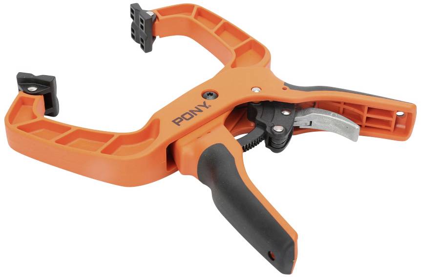 Eine orangefarbene Einhandzwinge mit schwarzem Griff, geeignet zum Fixieren von Werkstücken in verschiedenen Bau- und Fertigungsprojekten.